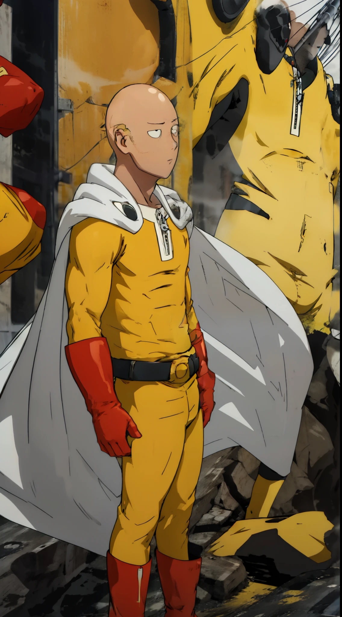 (anime) . Male (Saitama), (yellow bodysuit, (bald), belt, red gloves, red boots, white cloak, asian man face, muscle, serious, full body standing, outdoors, on the street, 4k)