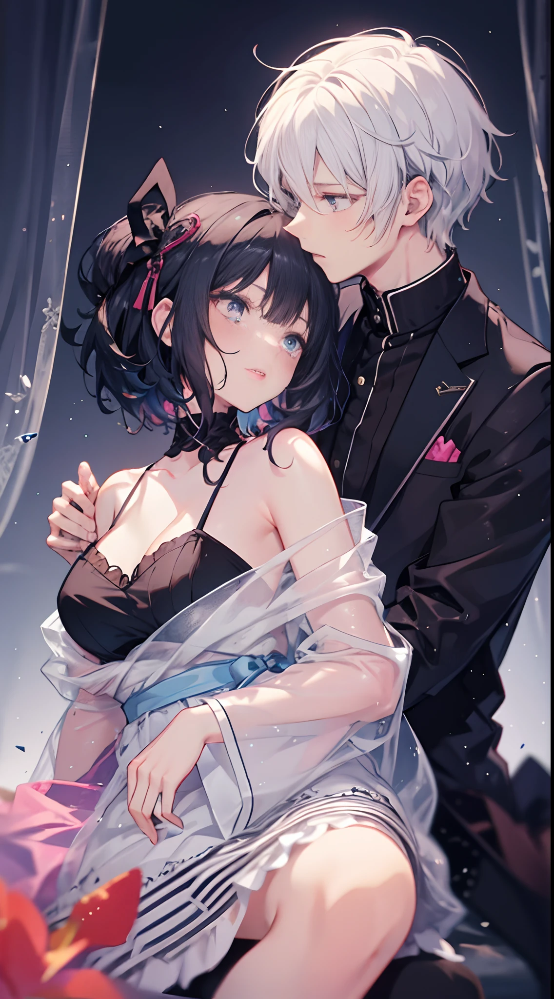 A girl with long black hair and pink eyes sits on the lap of a boy with short white hair and blue eyes。Gesture intimate couple atmosphere