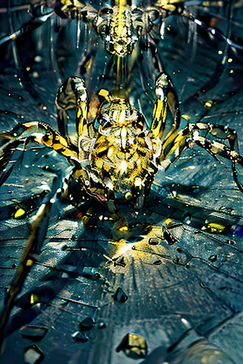 Imagine uma aranha monstruosa feita inteiramente de fluorita, with a massive and robust body, banhado em tons vibrantes de amarelo dourado. Every detail of the spider is carefully carved in yellow fluorite, creating a majestic and imposing appearance. Seus olhos brilham intensamente em um amarelo radiante, casting a flickering light on everything that crosses his path. Como a aranha se move, its presence is marked by a trail of yellow glow, enveloping the environment in an almost magical aura.