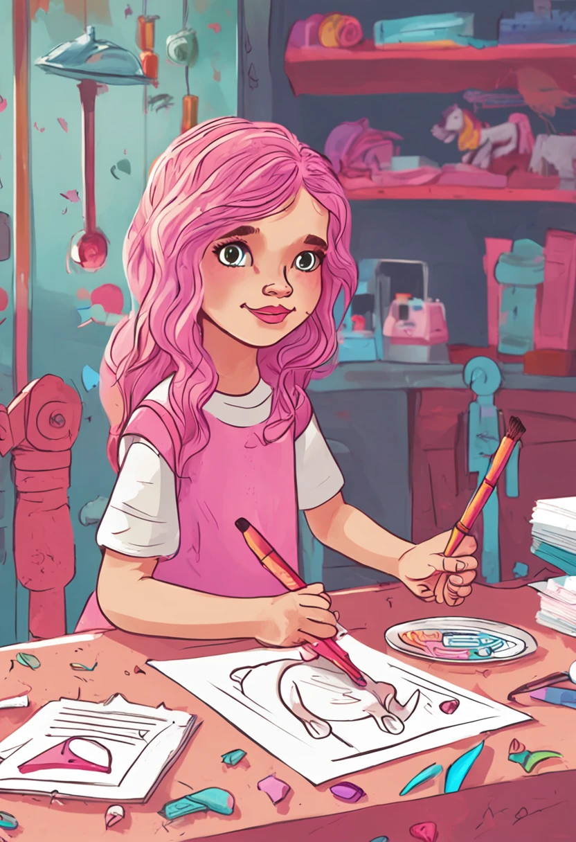menina de cabelo rosado perto da janela do quarto. Menina com uniforme da escola, vestida. 7-Year-Old Girl Paints a Unicorn on Sulfite Sheet. Menina com olhar sonhador, fantasiando, feliz. [rosto detalhado]; [detailed hands]. Guaches sobre a mesa do quarto. Unicorn being painted on sheet of paper. Girl with brush in hand. Girl paints a unicorn. Room window with unicorn. Unicorn looks at the girl [best description] [ultradetalhado]