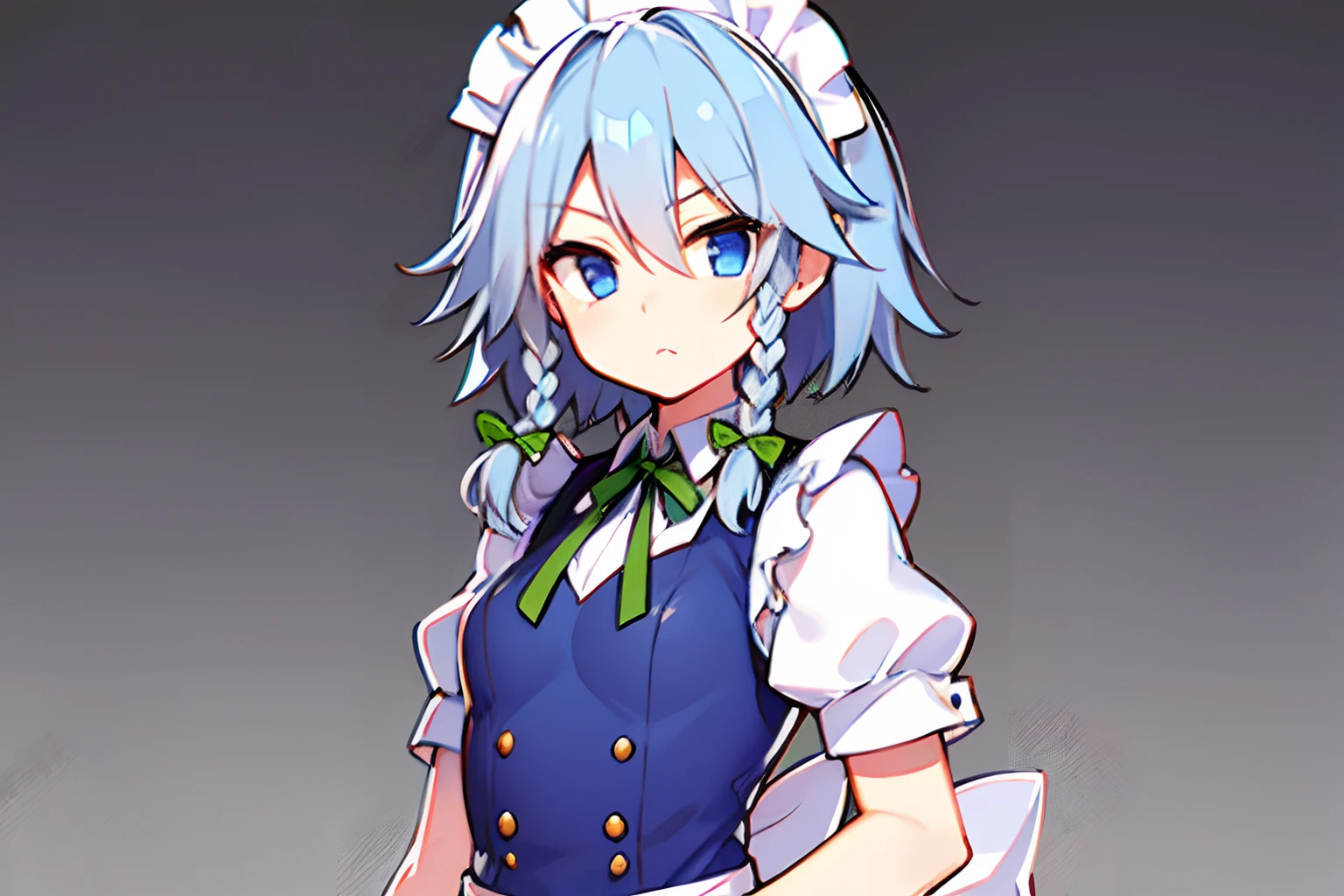izayoi sakuya、(maid clothes)、simple background、Straight face、Petite、close range、shortsleeves、One lady
