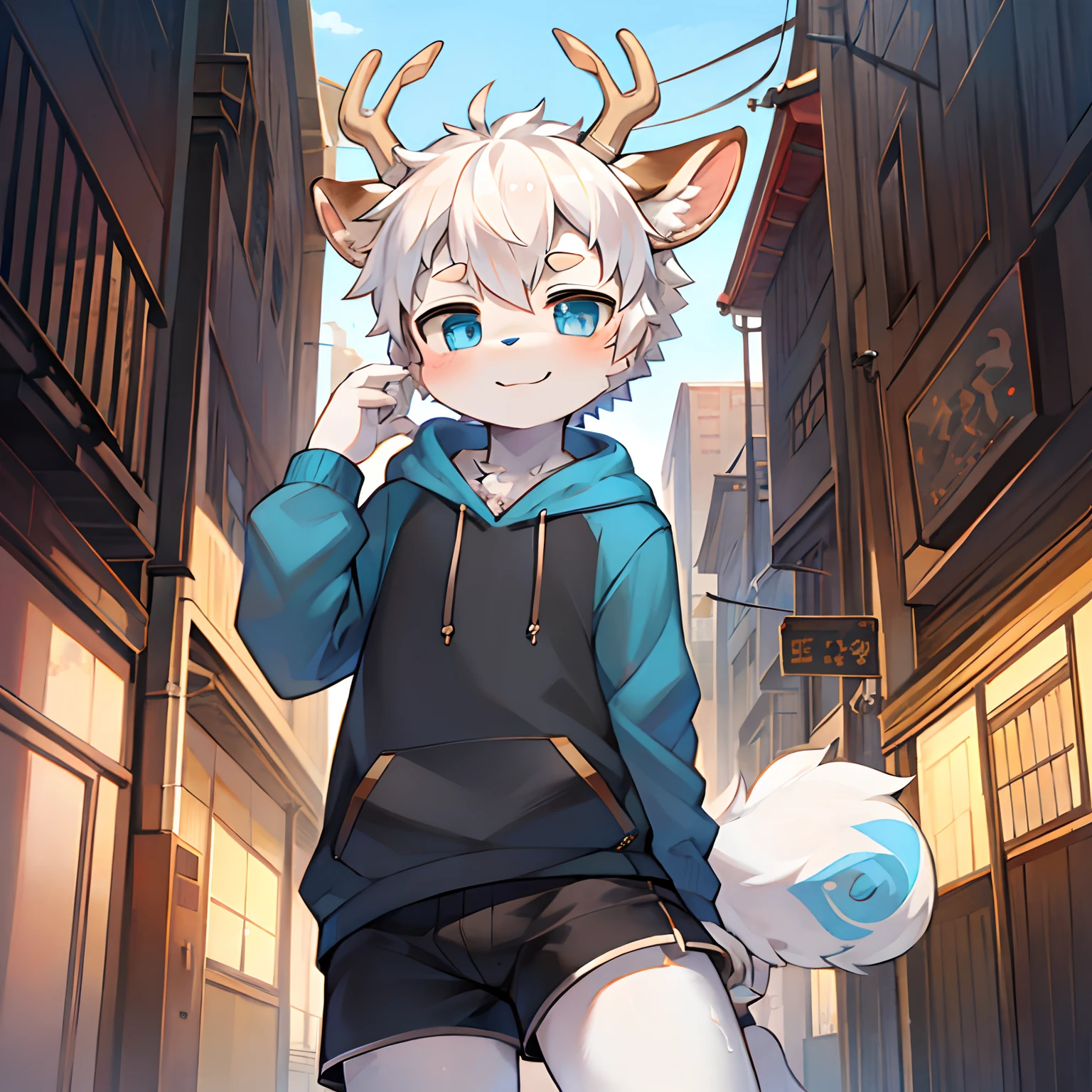 masterpiece, best quality, ultra-detailed, fine details, Solo dance,1boys,anthro,shaggy_Male,fawn_male boy,(white in color_furred),tuft,oiled_skin,short_Hair,blue_Eyes,white_Hair,Shorts,Hoodie, Upper body_Body_Close-up,There are horns on the head, cowbow_Shot,Smile with,Looking_Show on the_peeping at the viewer。 (cozily_Childhood_hides:1.5),城市,Streets,独奏,short sleeve,horizon,BREAK BREAK BREAK,AOEU,AOEU, albino deer, deer antlers out of head, short hair , white hair