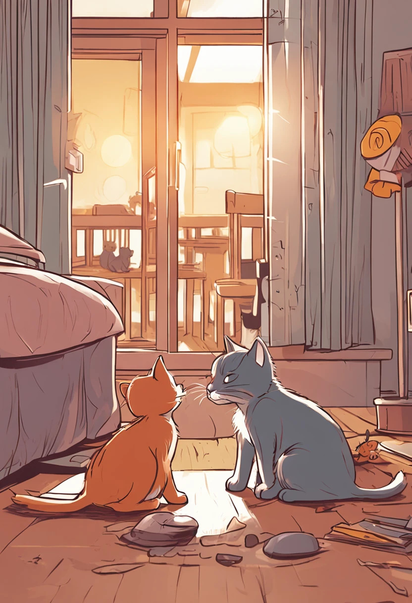 boy and girl　Cats and puppies　Playing happily　In a well-lit room　Mom is watching over