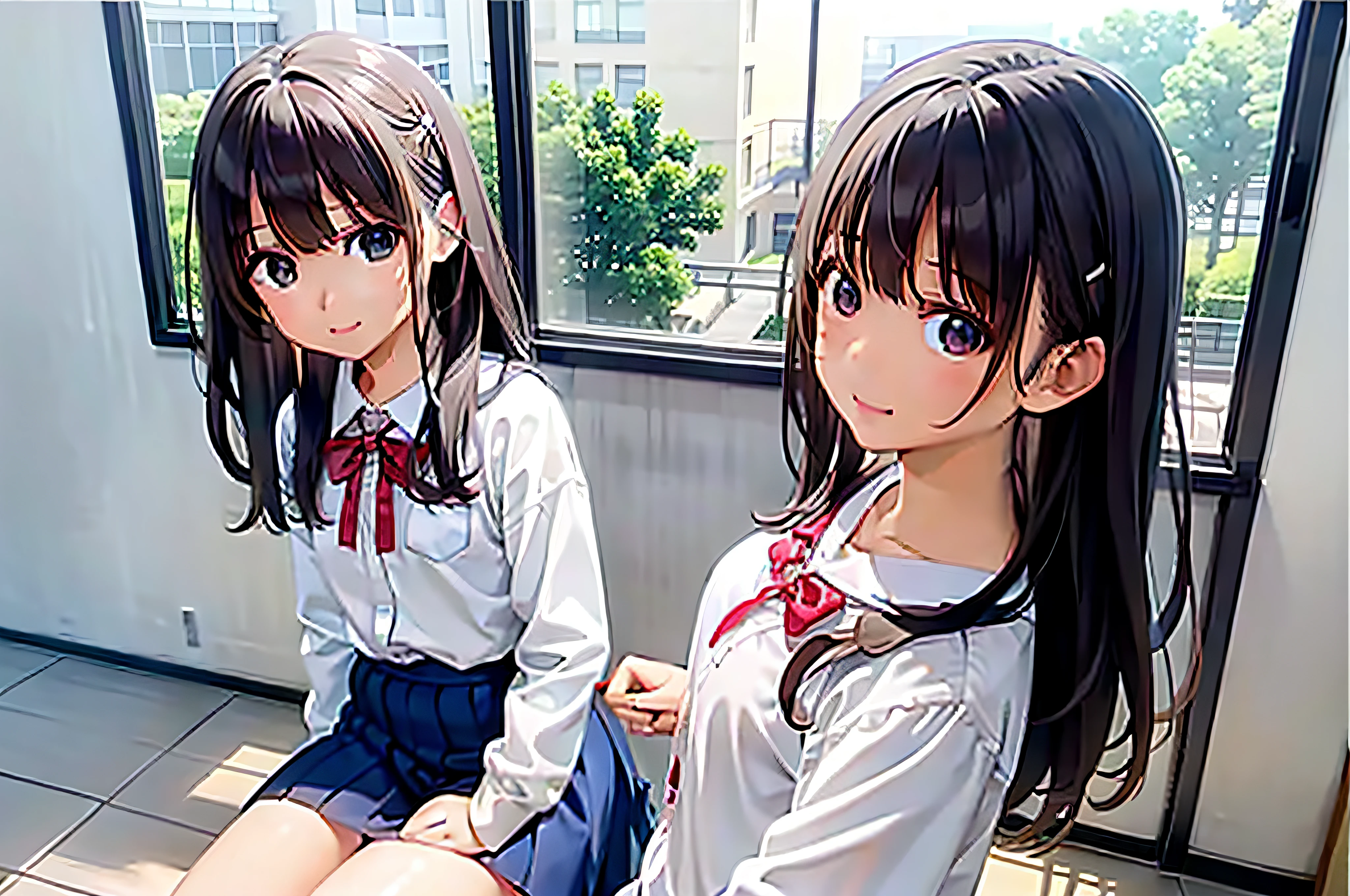 masterpiece、top-quality、A very detailed masterpiece、top-quality、hight resolution、Girl sitting on chair and studying at desk、girl with、hi-school girl、soio、profile、Hair swaying in the wind、Classroom、drapes、pupils、校服、sketching、study、notebook、cute little、during the day、during daytime、with light glowing