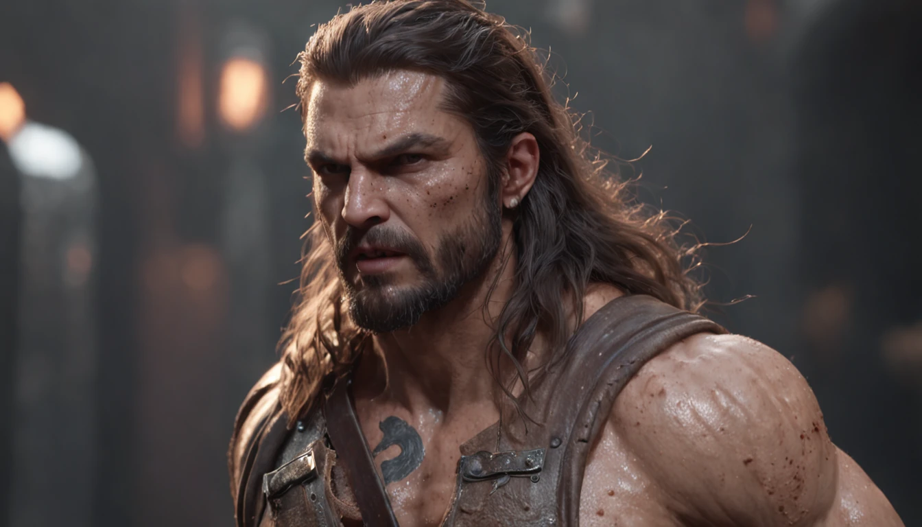 (professional 3d render:1.3) af (Realistic:1.3) most beautiful artwork photo in the world，Features soft and shiny male heroes, ((Epic hero fantasy muscle man rough wet hero angry looking long hair short beard and ferocious expression in dynamic pose, Fantastic location, Majestic cluttered environment)), Full body 8K unified rendering, action  shot, skin pore, very dark lighting, heavyshading, Detailed, Detailed face, (vibrant, photograph realistic, Realistic, Dramatic, Dark, Sharp focus, 8K), (Old leather garments damaged by weathering:1.4), ((((Wear fur)))), (Intricate:1.4), decadent, (Highly detailed:1.4), Digital painting, rendering by octane, art  stations, concept-art, smooth, Sharp focus, illustration, Art germ, (loish:0.23), wlop ilya kuvshinov, and greg rutkowski and alphonse mucha gracias, (Global illumination, Studio light, volumettic light), heavy rain, particles floating, lotr, fantasy, elf, full bodyesbian, ((Dark and ancient city background:1.3)),CGSesociety,art  stations