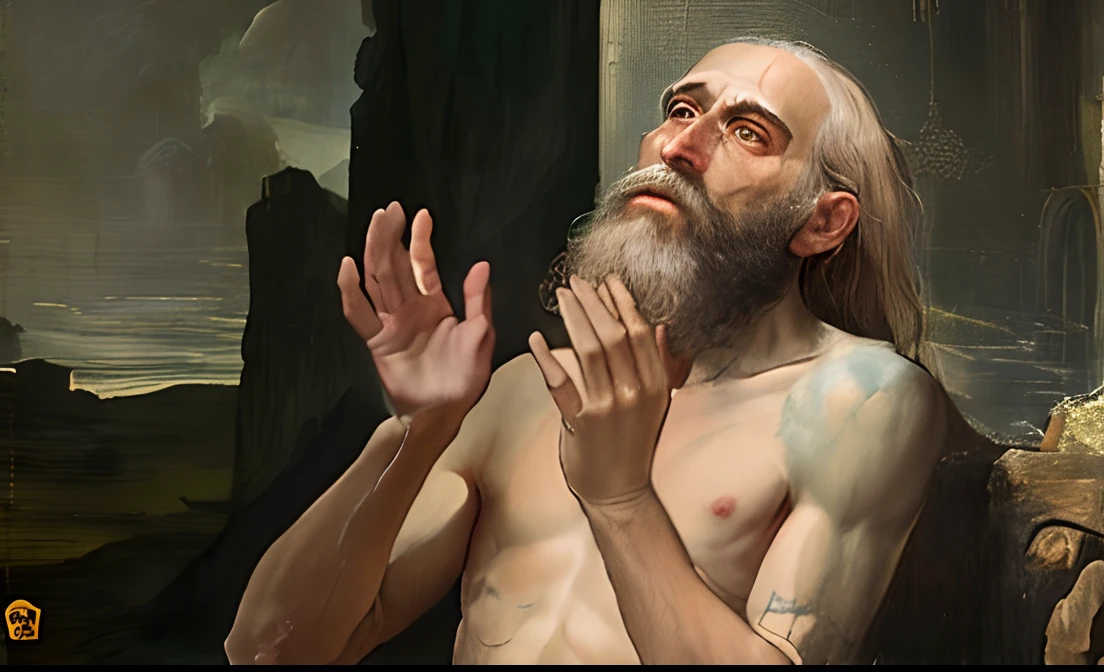 pintura de um homem com barba e barba branca, saint jerome as an hermit, portrait of saint of the pit, pintura renascentista do homem, inspirado em Cagnaccio di San Pietro, inspired by Károly Markó, o Velho, pintura de um homem, um velho, inspired by Nicomachus of Thebes