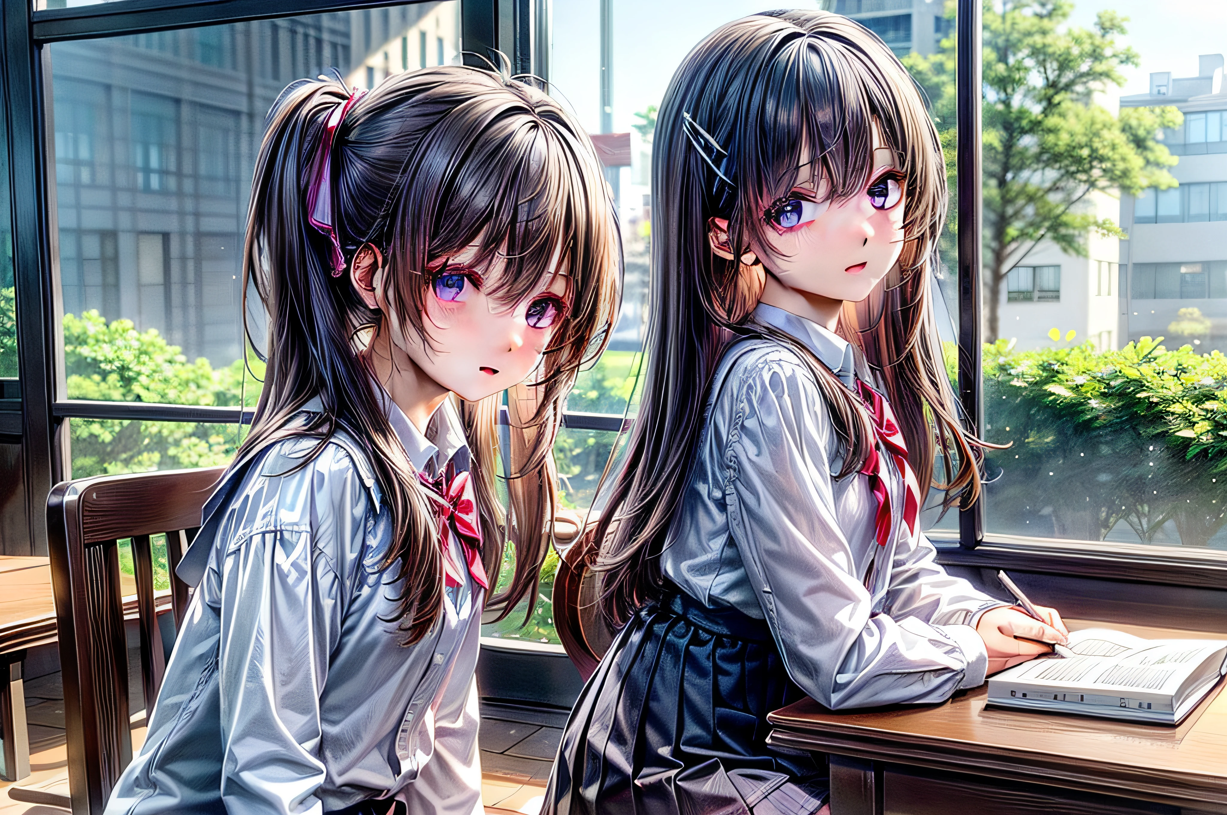 ​masterpiece、top-quality、A very detailed masterpiece、top-quality、超A high resolution、8K、realisitic、Highly detailed CG、ultra-detailliert、finely detail、Girl sitting on chair and studying at desk、girl with、hi-school girl、soio、profile、Hair swaying in the wind、‎Classroom、drapes、pupils、校服、sketching、study、notebook、cute little、during the day、during daytime、with light glowing、animesque