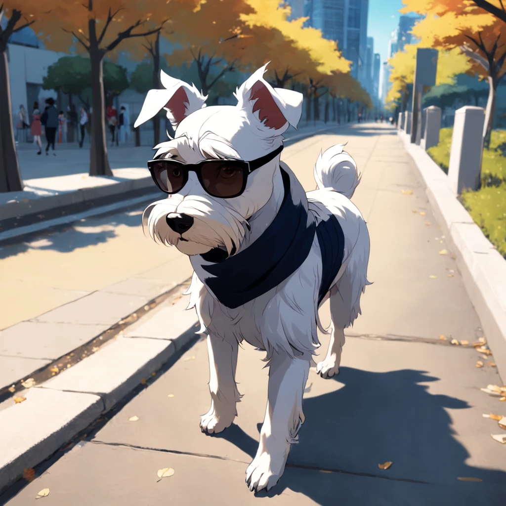 master part, um schnauzer, estilo matricial, casaco Preto, passeando no parque, walking on the sidewalk with a scarf on his head, sun glasses, Dynamic angle, melhor qualidade, 4k,