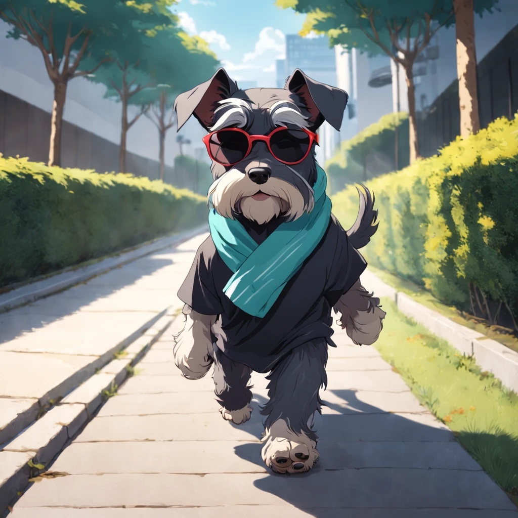master part, um schnauzer, estilo matricial, casaco Preto, passeando no parque, walking on the sidewalk with a scarf on his head, sun glasses, Dynamic angle, melhor qualidade, 4k,