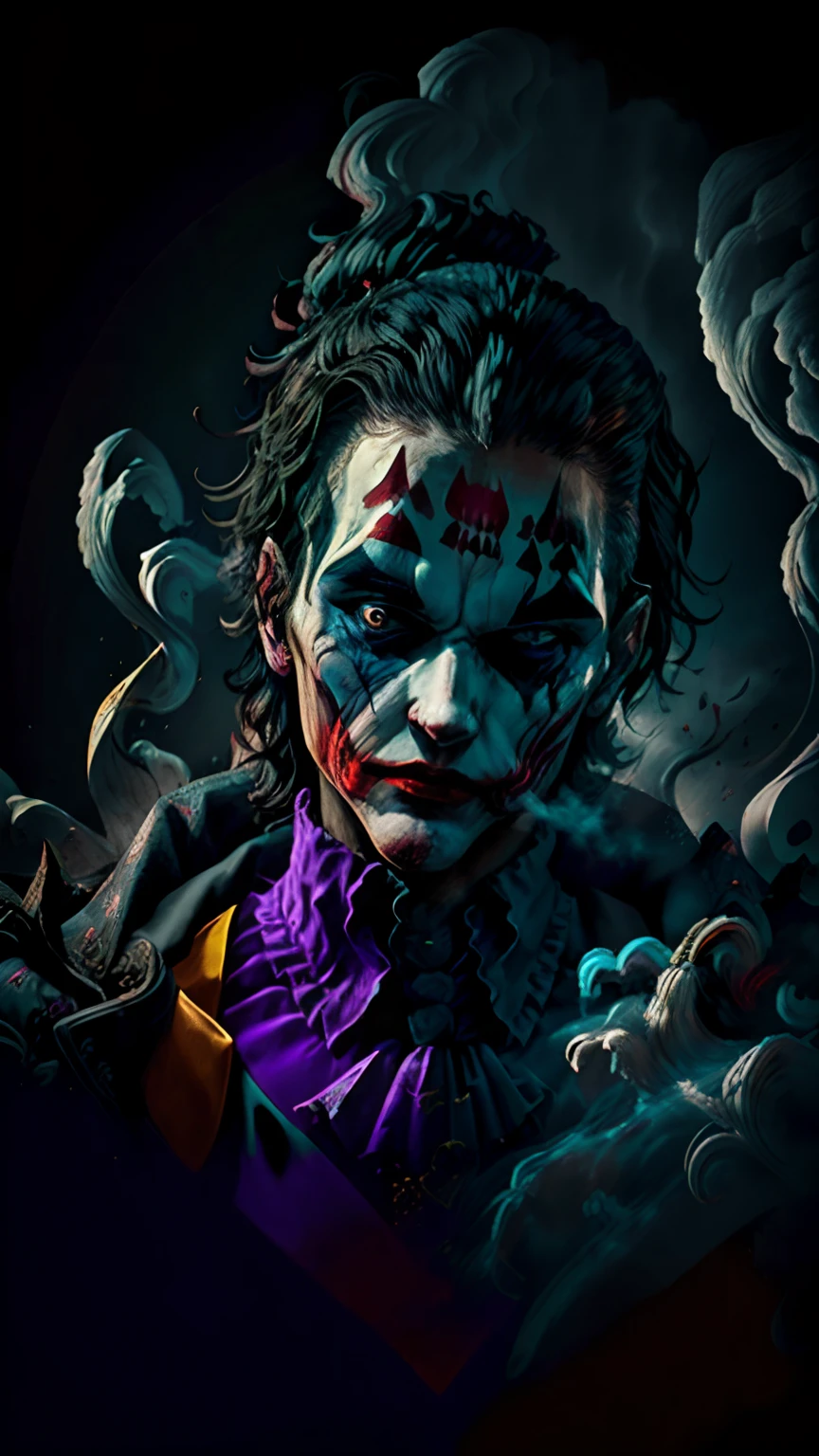 corpo inteiro, ((joker from dc comix, maquiagem vibrante)), Terno preto com detalhes prateados, Paisagem caotica, chamas, fagulhas, smoke billowing, esquema de cores vivas e brilhantes, anime, illustration, Textura detalhada da pele, textura de pano detalhada, Rosto bonito e detalhado, detalhes intrincados, ultra detalhado.