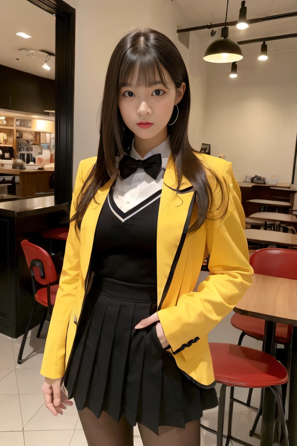 Deserted Town、sports car、Beautiful high school girls 1.5、Beautiful woman looking back、((Turning around 1.5)、Turning around、High school girl uniform 1.5、Fishnet tights、Garter Stockings、(Yellow blazer uniform、Woman in a mini skirt 1.5)、Large breasts、The nipples are erect、Open your mouth wide 1.2、A nice build of medium build、Red collar 1.5、Nice body 1.5))、I have long hair。、Loose Curly Hair、Red Hair 1.5、Full Body Shot