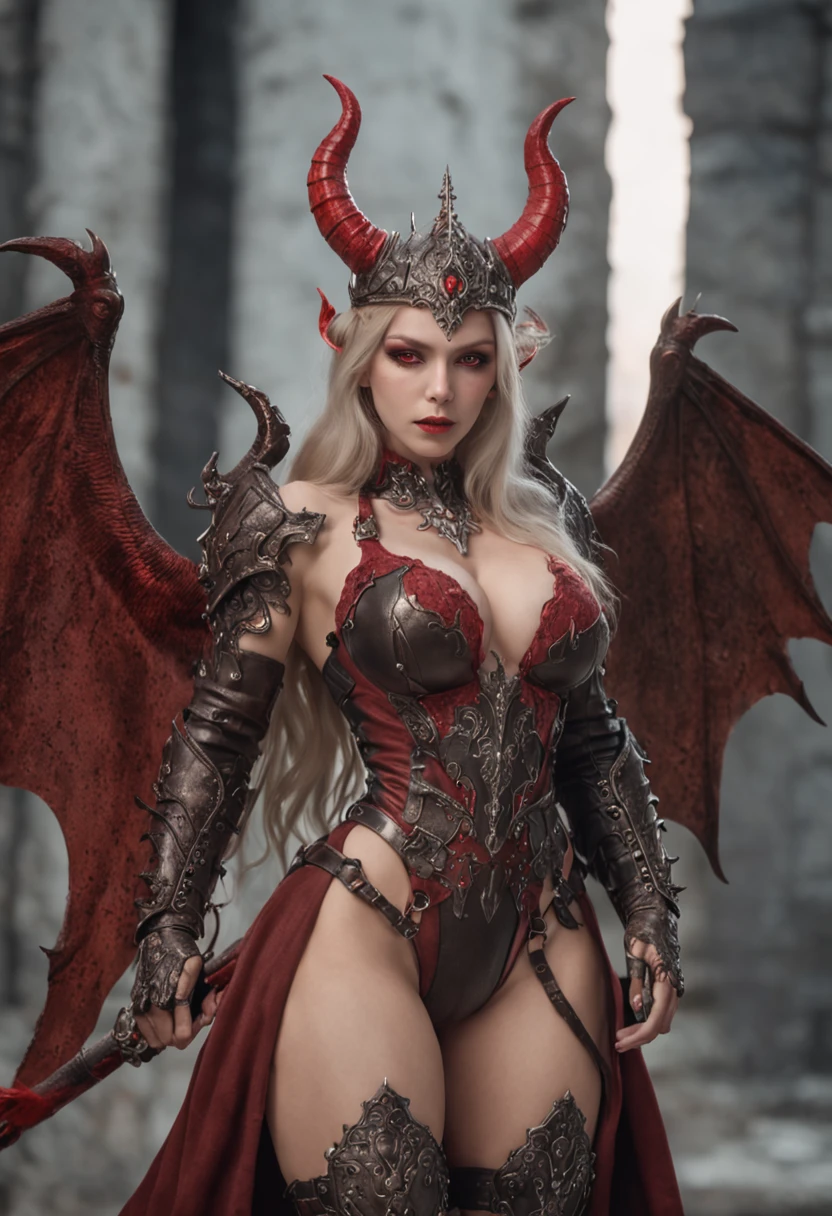 top-quality、Beautiful Russian woman、｛｛｛The whole body is shown｝｝｝、Female Devil King、Female Devil、Red Eyes、demon armor、Devil's Bikini Armor、Fantasia、horns grow on the head、Dark Castle、grand background