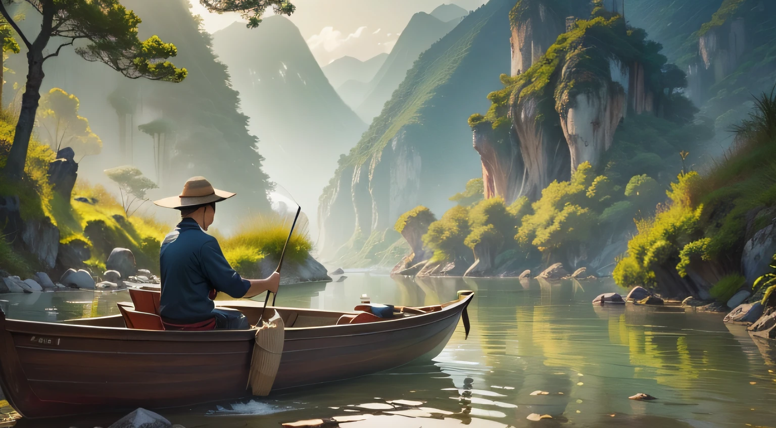 Chinese ,mountain water ,scenecy ,There is a fisherman on the boat paddling at leisure, The boat is on a creek,The stream is shallow and clear,The banks of the stream are lined with green bamboo and trees,very beautiful scenery,Incredibly beautiful,The time is late afternoon,There is sunset Xie Hui