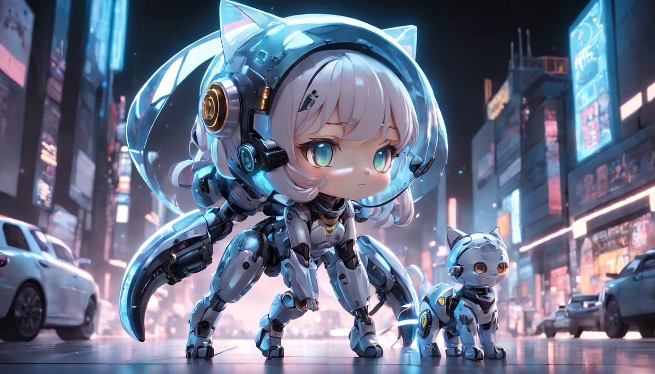machine girl, (Blind box toy style:1.2), (Full body shot) , 1 Transparent girl,Behind him is a transparent and cute robot cat, Transparent mech, Exquisite helmet:1.2, Luminous goggles:1.2, Cyberpunk, dreamy glow, luminous neon lights, Clean, White background, ( Global illumination, Ray traching, hdr, unreal render,reasonable design, high detal, Masterpiece, Best quality, hyper HD, Cinematic lighting)