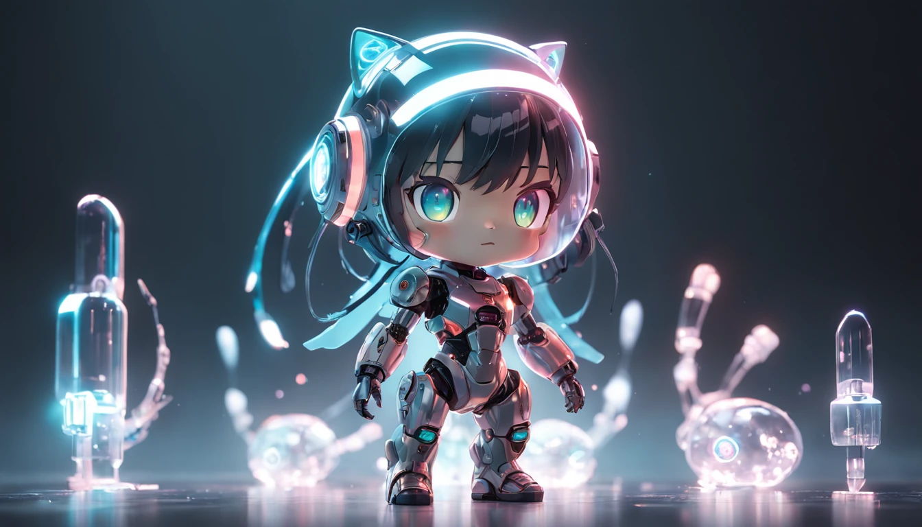 machine girl, (Blind box toy style:1.2), (Full body shot) , 1 Transparent girl,Behind him is a transparent and cute robot cat, Transparent mech, Exquisite helmet:1.2, Luminous goggles:1.2, Cyberpunk, dreamy glow, luminous neon lights, Clean, White background, ( Global illumination, Ray traching, hdr, unreal render,reasonable design, high detal, Masterpiece, Best quality, hyper HD, Cinematic lighting)