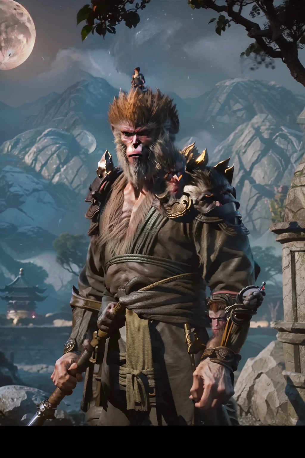 monkeys,Chinese big breasts《Journey》The protagonist in ,Monkey king,Holding an iron rod,Dark style,The background is a moonlit night,shadow of the tree,themoon