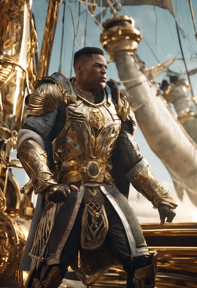 1man, a 25-year-old muscular man, the captain's authority is emphasized by golden embellishments that catch the light.In the background, the opulent battle ship elegantly navigates the waters, its sleek white design complemented by vibrant deck lights. The scene portrays a midjourney atmosphere, where the captain takes charge of the mighty vessel, embodying a sense of adventure and power. The realistic Clad in a sleek black tactical uniform and donning combat gear. Wears a tactical vest adorned with ammunition and equipment pouches, carrying a heavy weaponry He embodies the qualities of a highly trained and skilled warrior, showcasing professionalism, super bodice, soft lighting, masterpiece, best quality, 8k ultra HD, DSLR camera, film grain, Midjourney