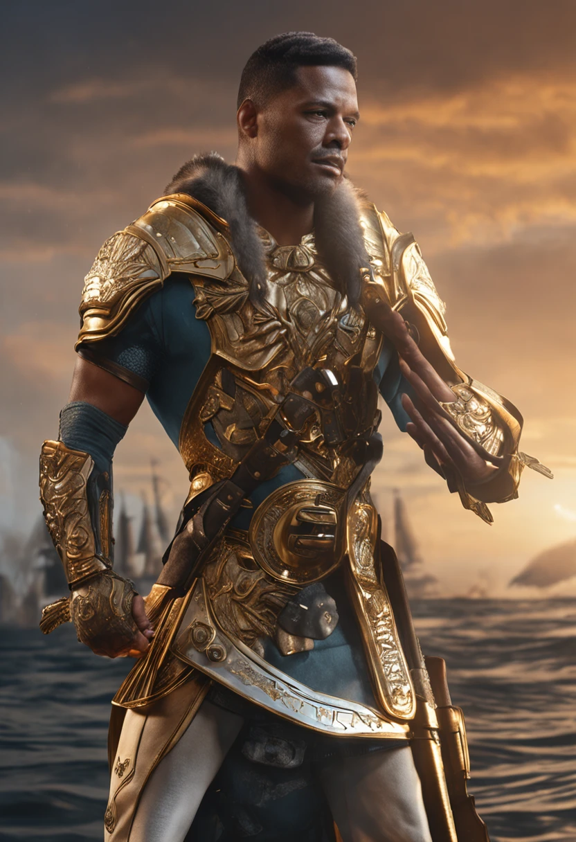1man, a 25-year-old muscular man, the captain's authority is emphasized by golden embellishments that catch the light.In the background, the opulent battle ship elegantly navigates the waters, its sleek white design complemented by vibrant deck lights. The scene portrays a midjourney atmosphere, where the captain takes charge of the mighty vessel, embodying a sense of adventure and power. The realistic Clad in a sleek black tactical uniform and donning combat gear. Wears a tactical vest adorned with ammunition and equipment pouches, carrying a heavy weaponry He embodies the qualities of a highly trained and skilled warrior, showcasing professionalism, super bodice, soft lighting, masterpiece, best quality, 8k ultra HD, DSLR camera, film grain, Midjourney