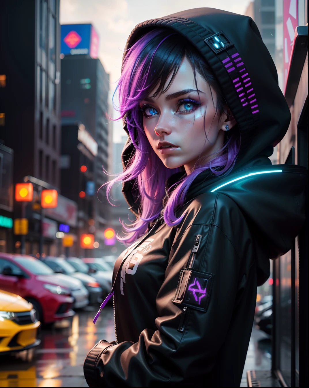 solo, a beauty woman,cyberpunk,hoodie with cyberpunk features, sparkle eyes, blue pupils, perfect eyes, rainy cyber punk city parking lot with futuristic cars, thin gap, portrait 35 mm, detailed bokeh background, high resolution, 8k, during stampede in calgary alberta canada