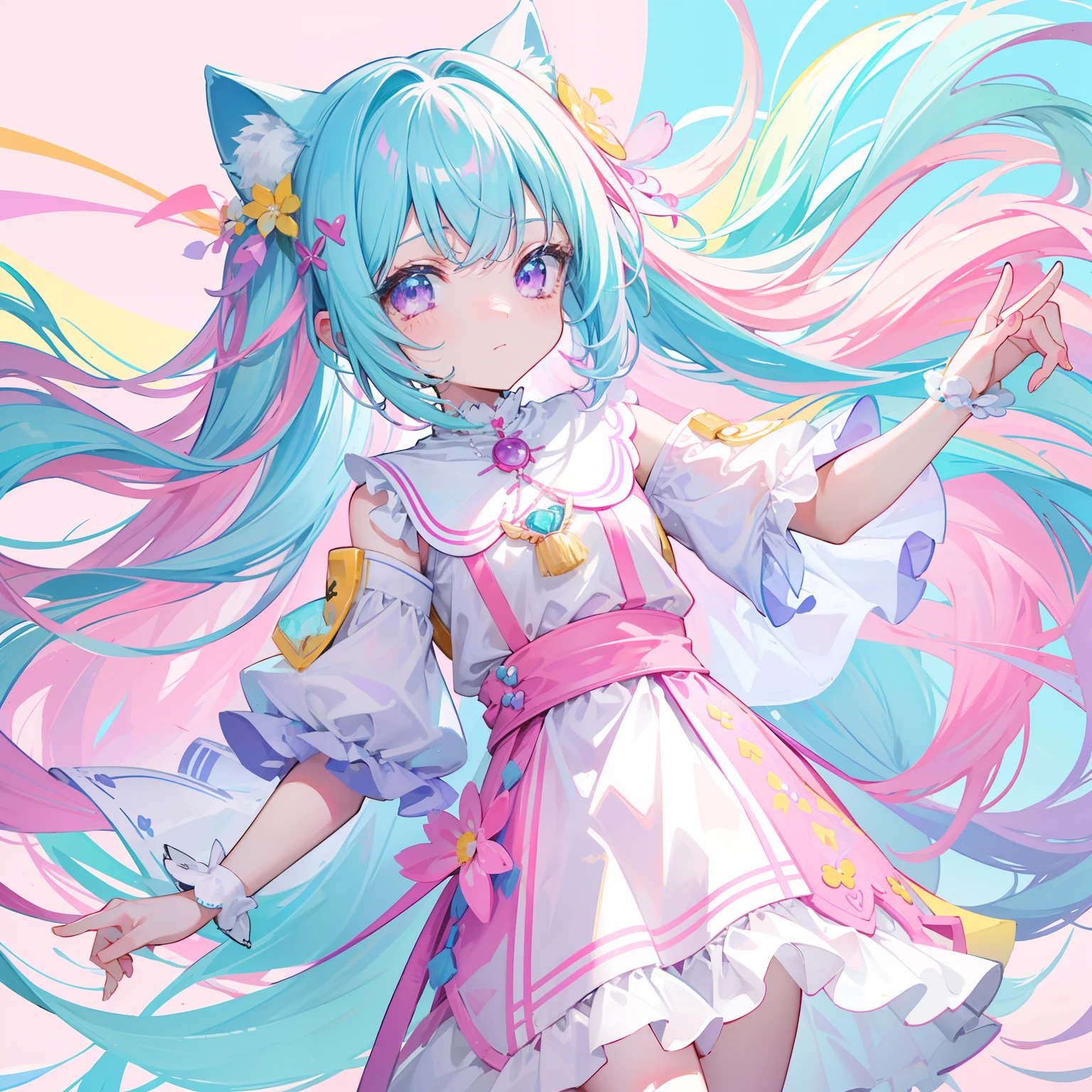 Colorful light background,long whitr hair,Has a bright pinkish-purple transparent gum texture,In pink、Wear yours with blue and white,yellow and greens,Cyan matching accessories pendant decoration,This is a very sweet and sweet loli girl