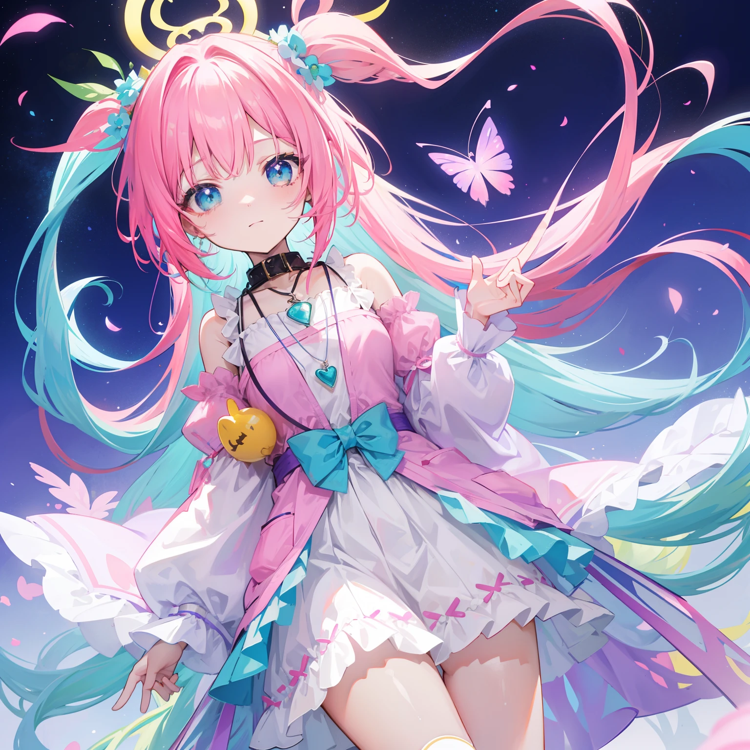 Colorful light background,long whitr hair,Has a bright pinkish-purple transparent gum texture,In pink、Wear yours with blue and white,yellow and greens,Cyan matching accessories pendant decoration,This is a very sweet and sweet li girl