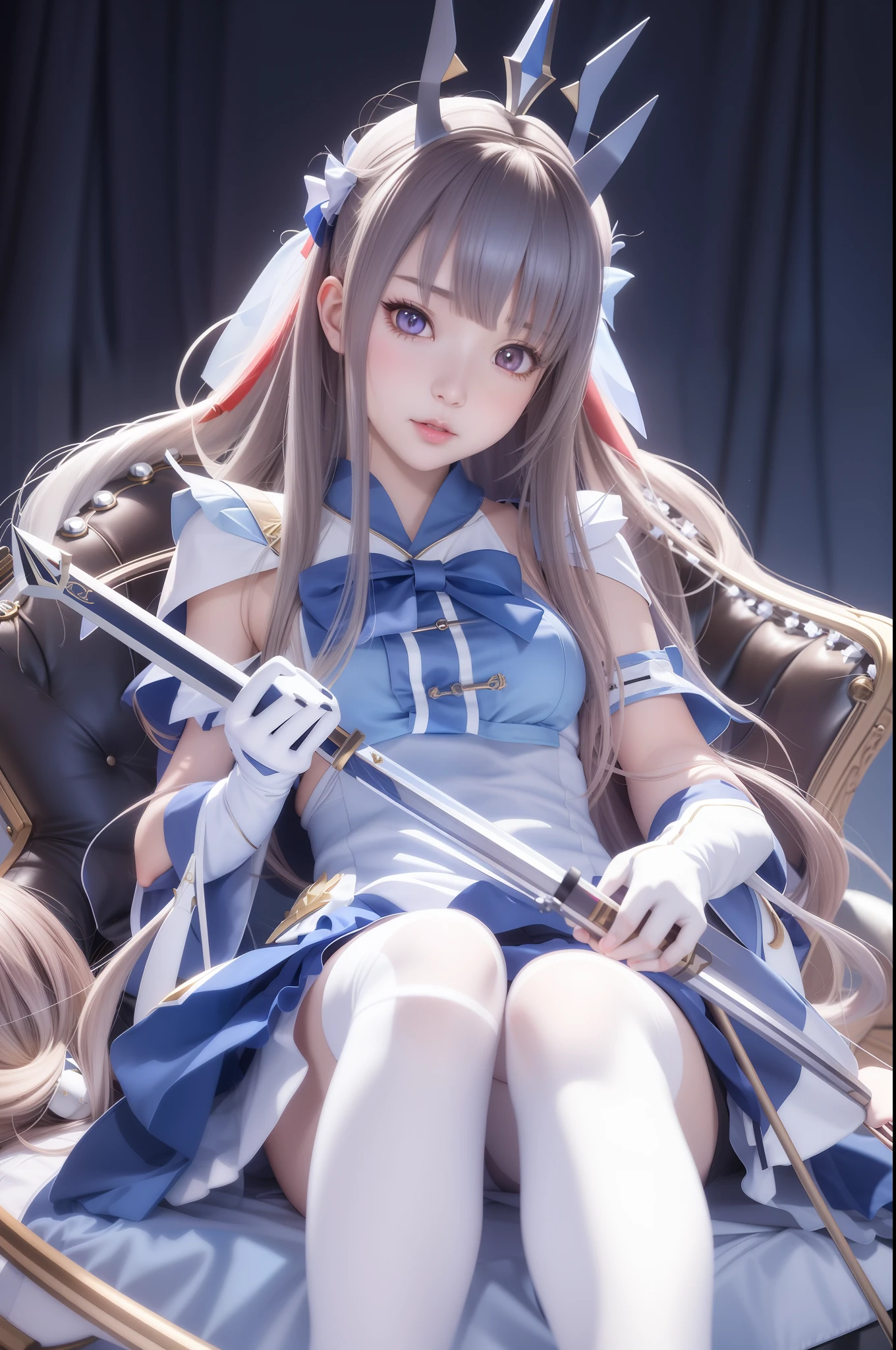 Anime - a girl in the style of sitting on a chair with a sword in hand, Smooth Anime CG Art, photorealistic anime girl render, render of april, from the azur lane videogame, azur lane style, guweiz on pixiv artstation, anime girl with a bow and arrow, Beautiful anime girl, render of a cute 3d anime girl