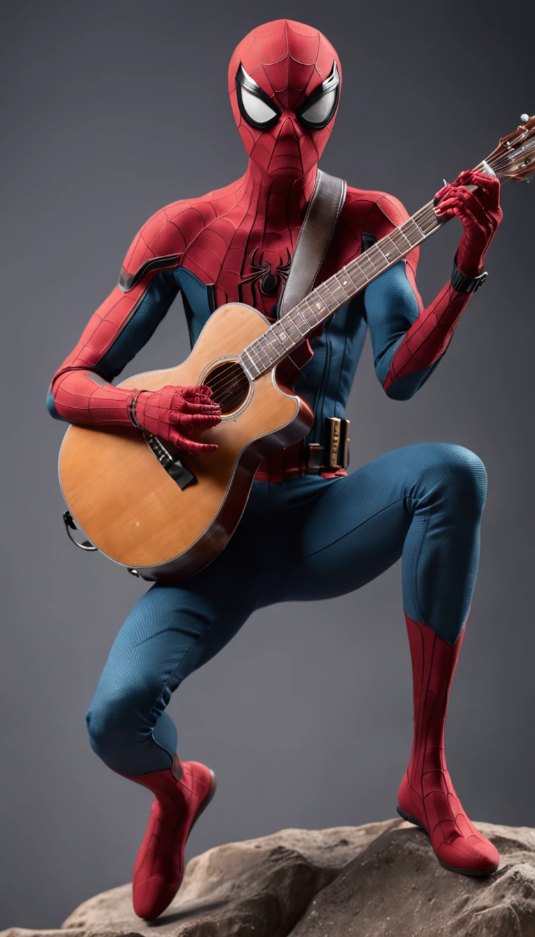 Spider-Man character from the Marvel movie playing guitar
