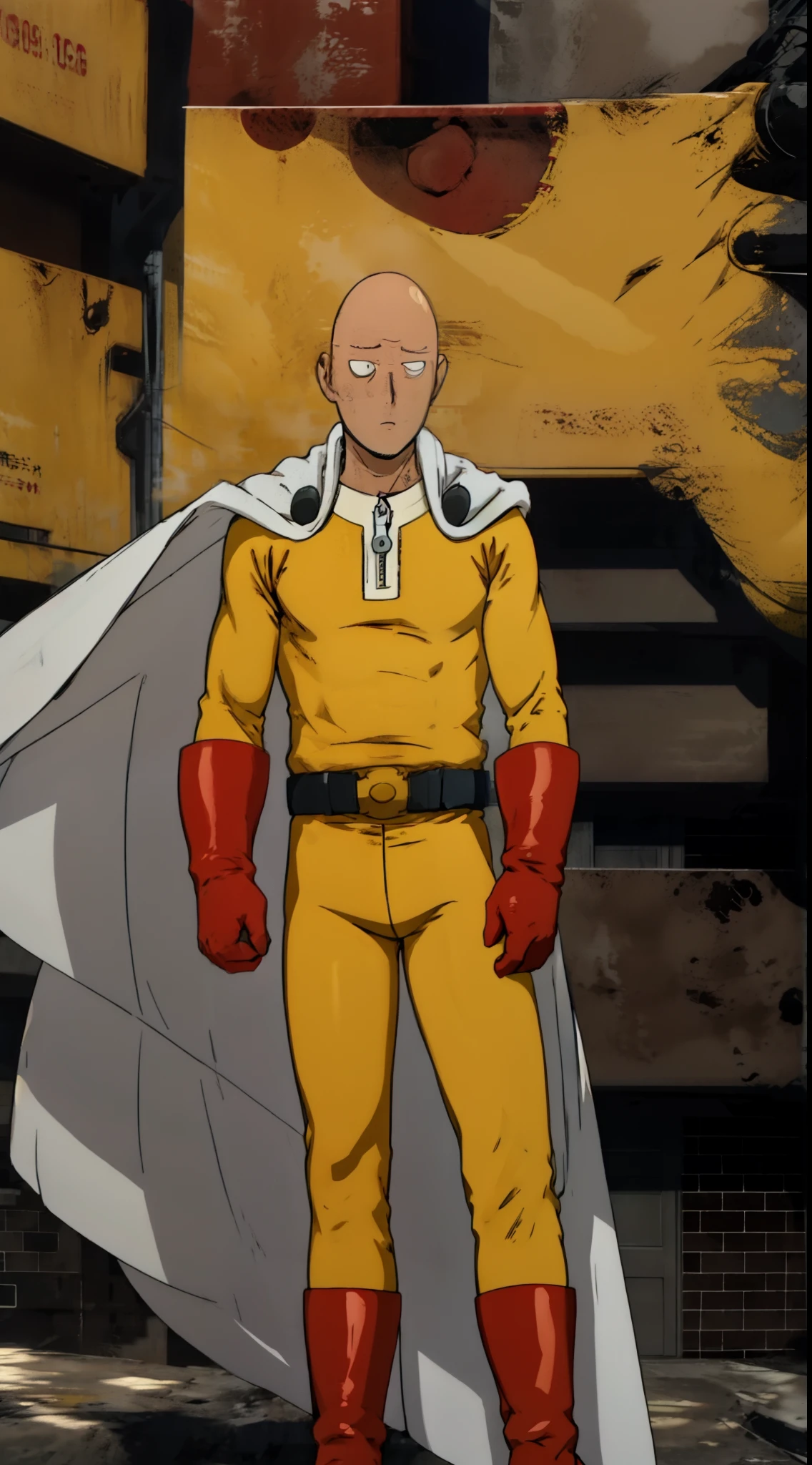 (anime) . Male (Saitama), (yellow bodysuit, (bald), belt, red gloves, red boots, white cloak, asian man face, muscle, serious, full body standing, outdoors, on the street, 4k)