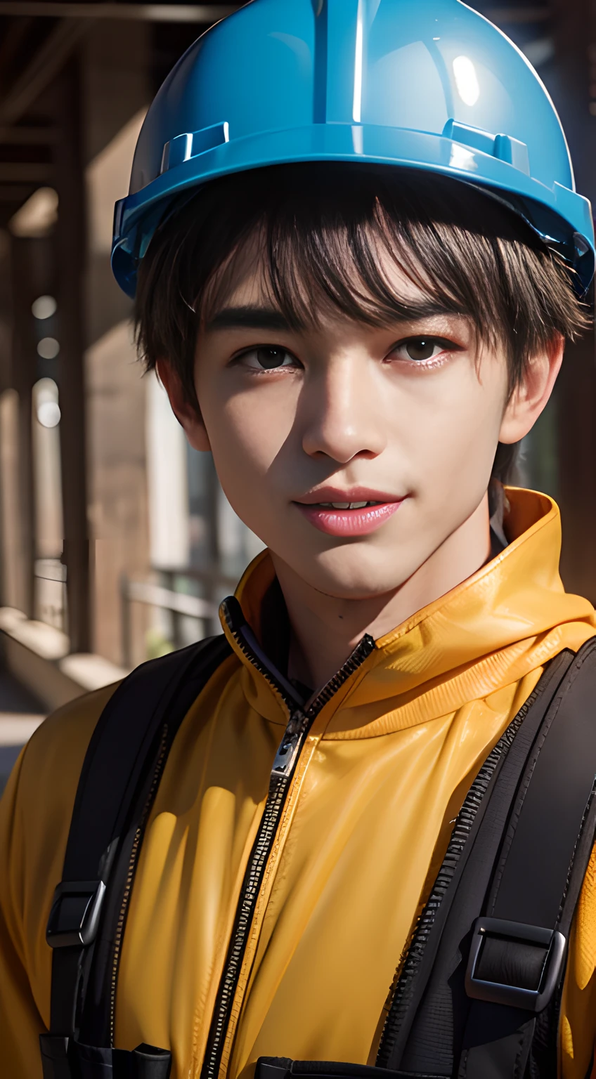 ((Men only)), (cowboy shot), (handsome muscular man in his 20s), (man working at a construction site wearing a yellow helmet), (Mischievous smile), (detaile: 1 in 1), Natural muscles, HIG quality, beautidful eyes, (Detailed face and eyes), (Face、: 1 / 2), Noise, Real Photographics、... .................................................................................................................PSD, Sharp Focus, High resolution 8K, realisitic & Professional Photography, 8K UHD, Soft lighting, High quality, Film grain, FujifilmXT3