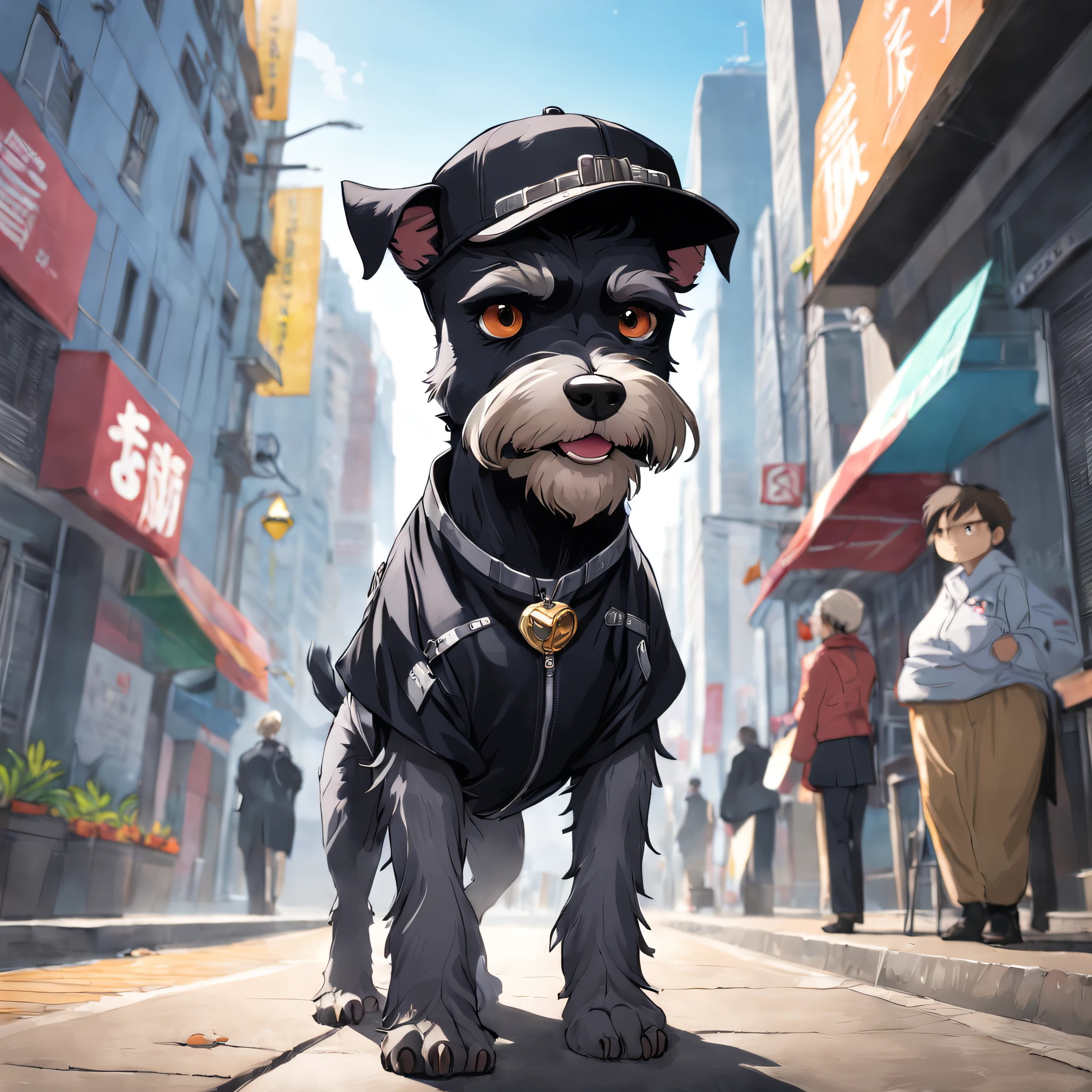 master part, um schnauzer, estilo matricial, vestindo um casaco de couro Preto, passeando no parque, walking on the sidewalk with a cap on his head, sun glasses, Dynamic angle, melhor qualidade, 4k,