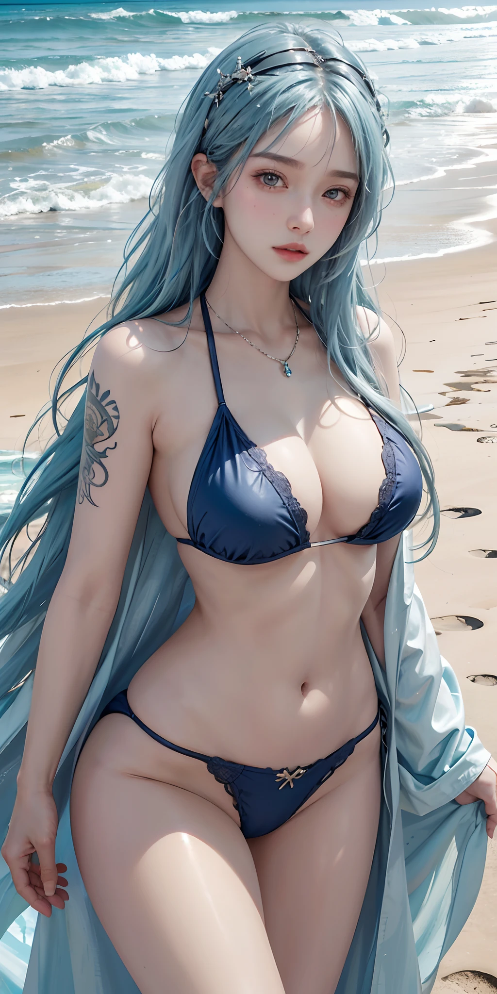 photorealistic, high resolution, soft light,1women, solo, hips up, shining skin, (detailed face),tattoo, jewelry, blue hair, micro bikini, beach
