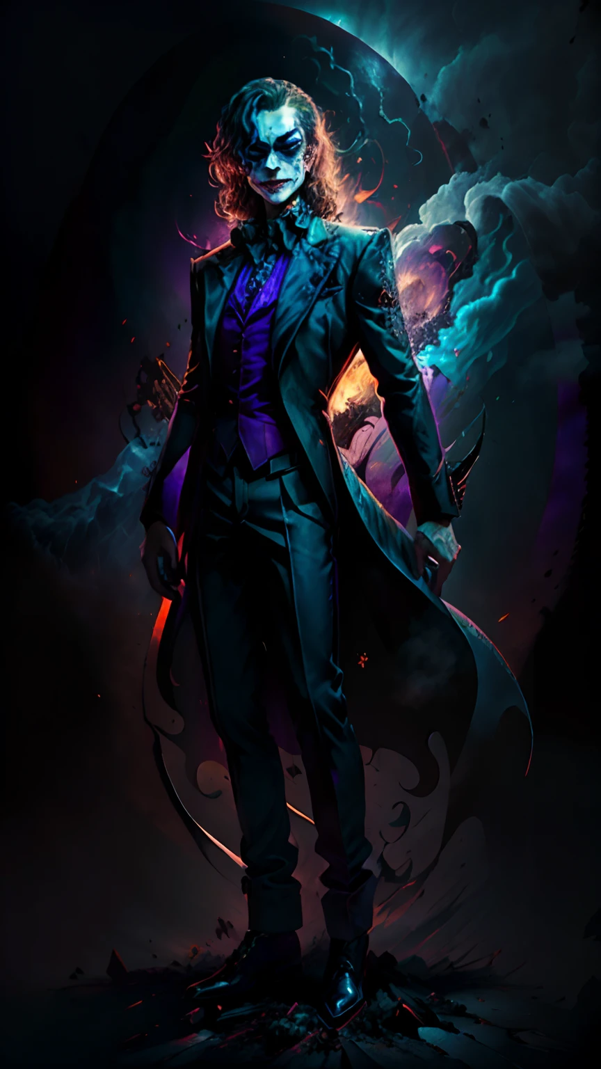 (((full body))), ((joker from dc comix, maquiagem vibrante)), sorrindo, Terno preto com detalhes prateados, Paisagem caotica, luz de fundo laranja, lightnings, chamas, fagulhas, smoke billowing, esquema de cores vivas e brilhantes, anime, illustration, Textura detalhada da pele, textura de pano detalhada, Rosto bonito e detalhado, detalhes intrincados, ultra detalhado.