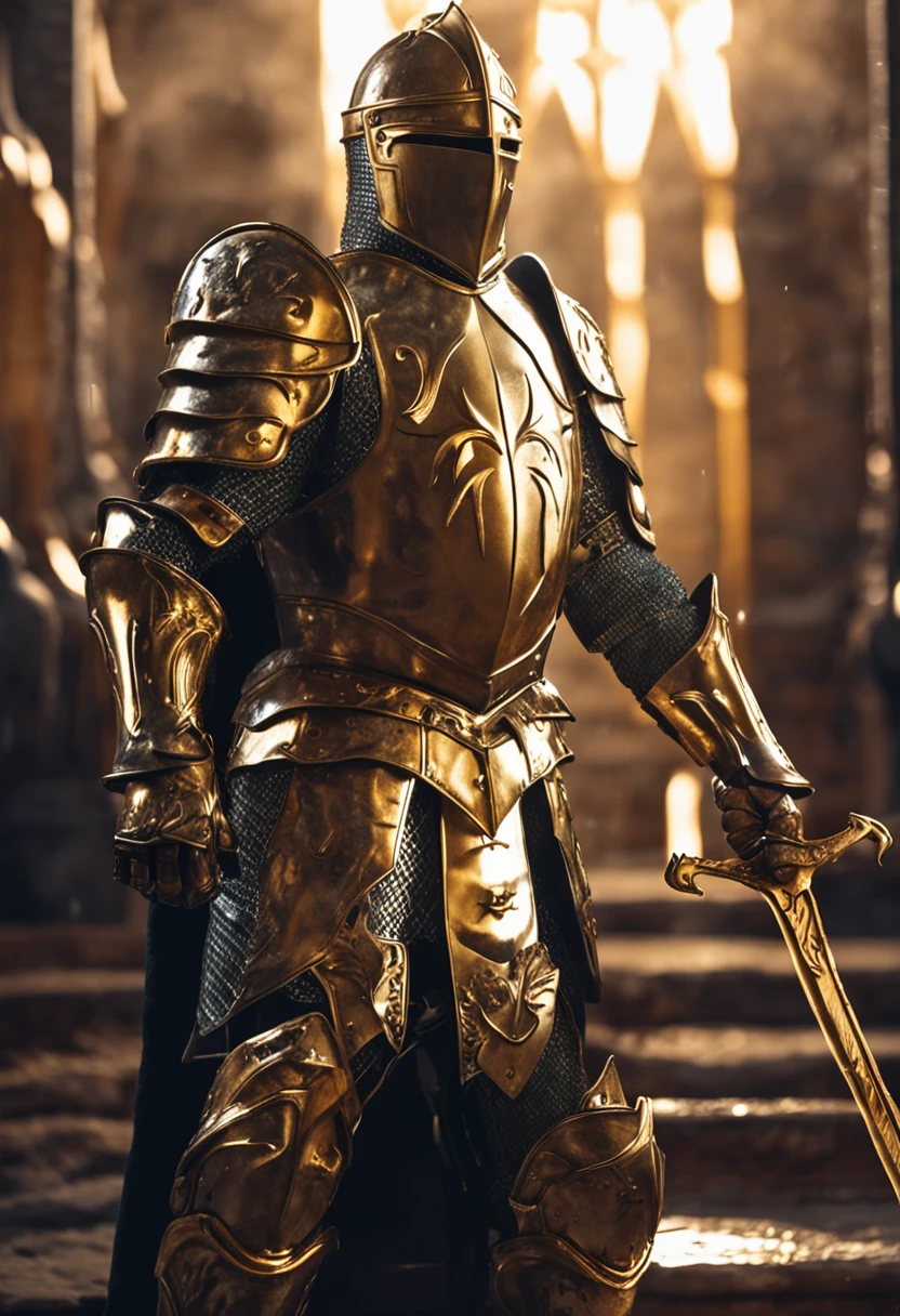 Knight wearing gleaming golden armor wielded a luminous sword that emanates a lot of light and a strong shield that the hardest rock poses for presentation best quality possivel