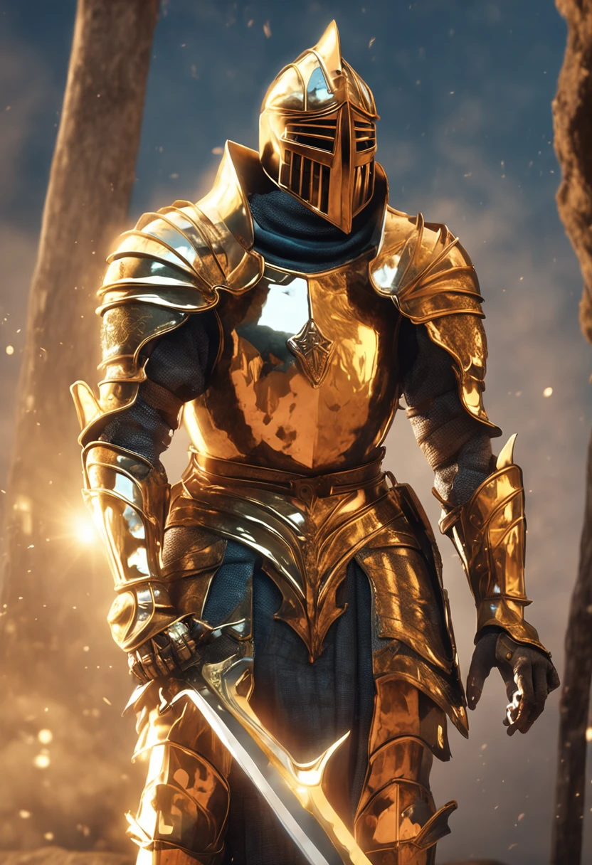 Knight wearing gleaming golden armor wielded a luminous sword that emanates a lot of light and a strong shield that the hardest rock poses for presentation best quality possivel
