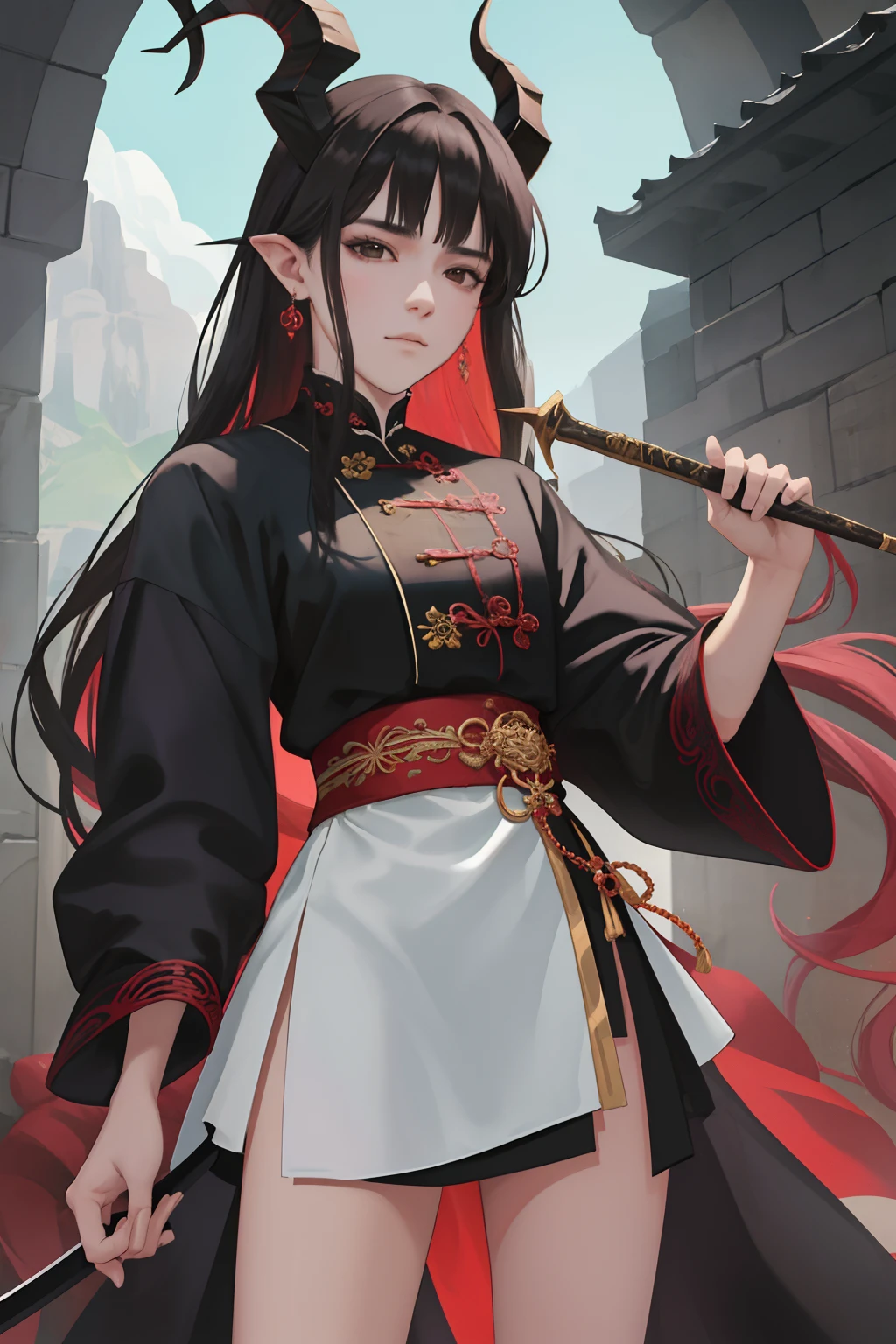 NSFW, obra-prima, melhor qualidade, ultra-detalhado, semi-realista, detailedfacialfeatures, 2mulher,usando roupa sensual antiga wuxia,cabelos compridos negros,olhos escuros,horned head,roupa feminino de batalha,estilo princesa do fogo,sexy,seios grandes,olhar malicioso e sedutor,mulher muito bonita, Dragon race,he is standing holding in his left hand a whip and in his right hand a thin, sharp ancestral sword,in front of the Dragon's palazzo