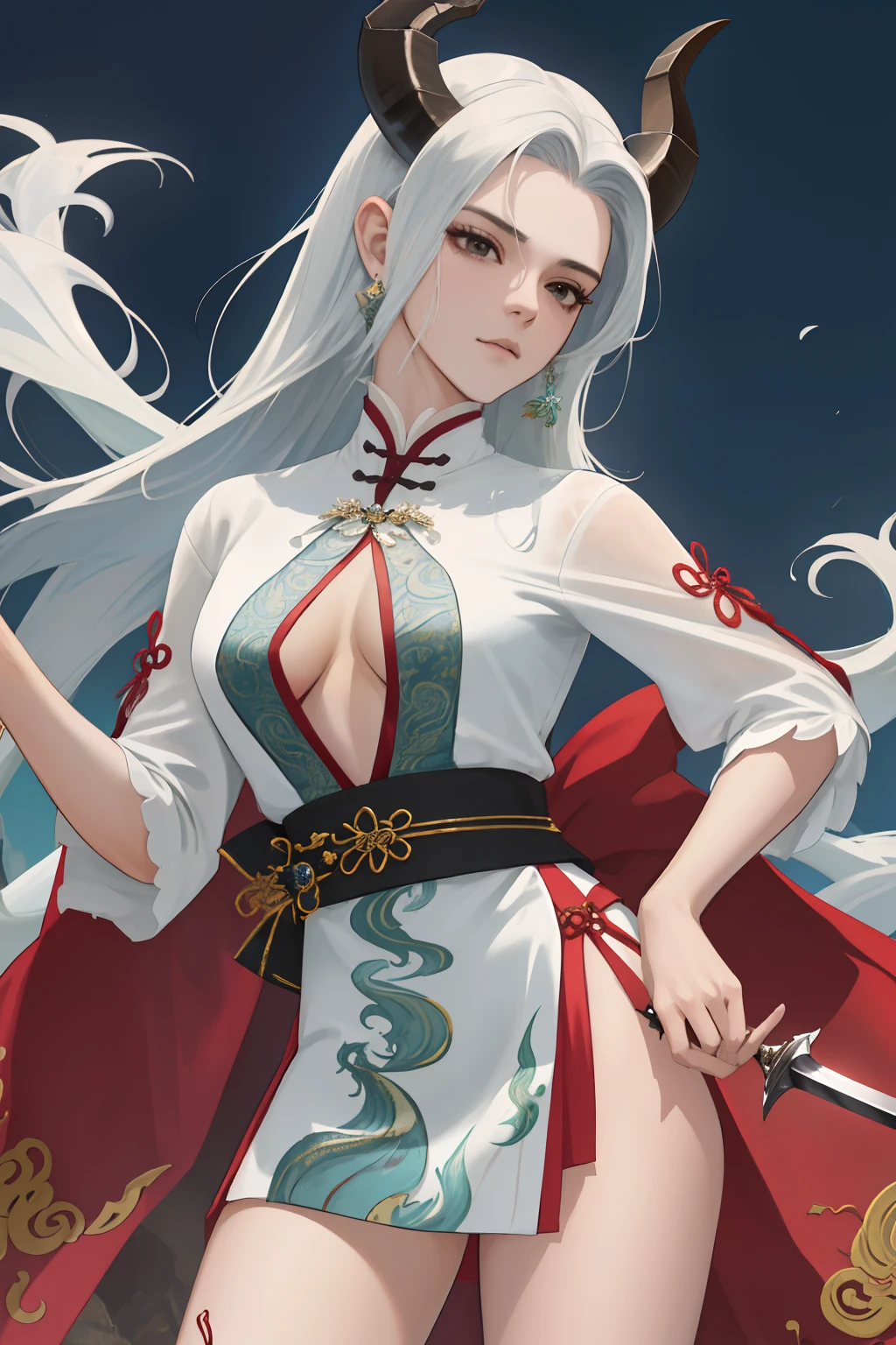 NSFW, obra-prima, melhor qualidade, ultra-detalhado, semi-realista, detailedfacialfeatures, 2mulher,usando roupa sensual antiga wuxia,cabelos compridos negros,olhos escuros,horned head,roupa feminino de batalha,estilo princesa do fogo,sexy,seios grandes,olhar malicioso e sedutor,mulher muito bonita, Dragon race,he is standing holding in his left hand a whip and in his right hand a thin, sharp ancestral sword,in front of the Dragon's palazzo