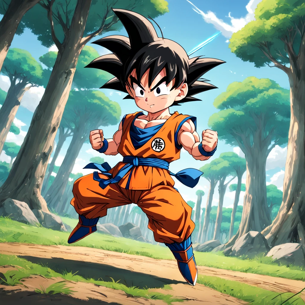 Goku chibi chara em uma pose de luta, em um campo de batalha, feito por akira toriyama