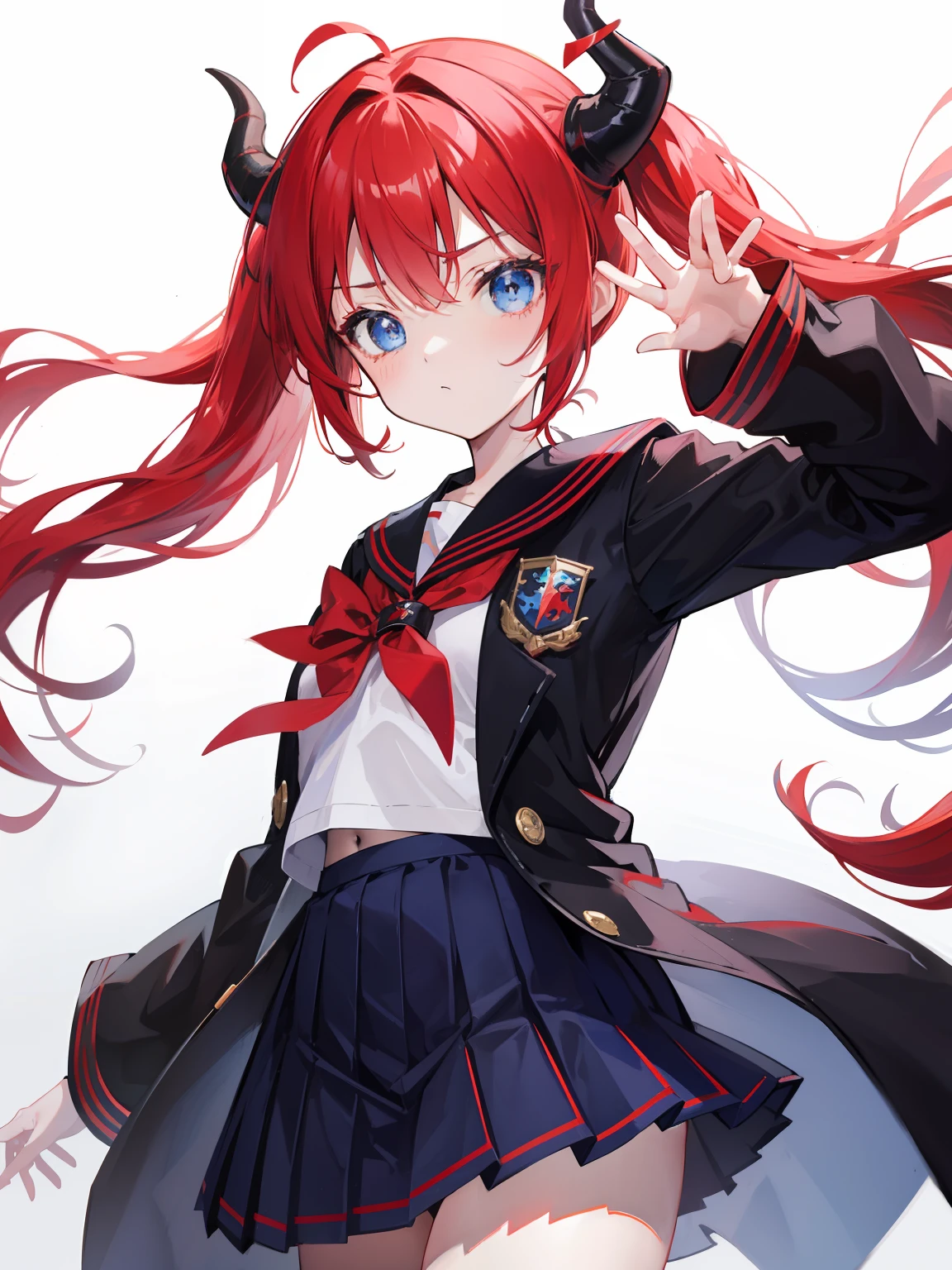 red hair, blue eyes, twintails, Sailor suit,black coat, Dragon horns,Pleated skirt,solo,loli,cute,bow