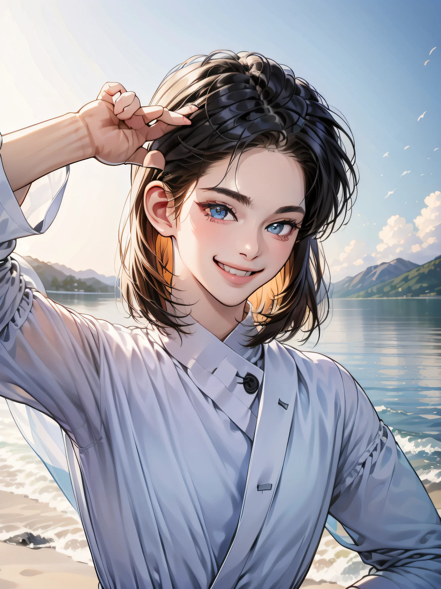 （in 8K、top-quality、​masterpiece:1.2)、1人の女性、(Smiling smile:1.1)、beautidful eyes、Valley、The upper part of the body、shorth hair、Like a boy 、Quirk hair、short-cut、Blue View、