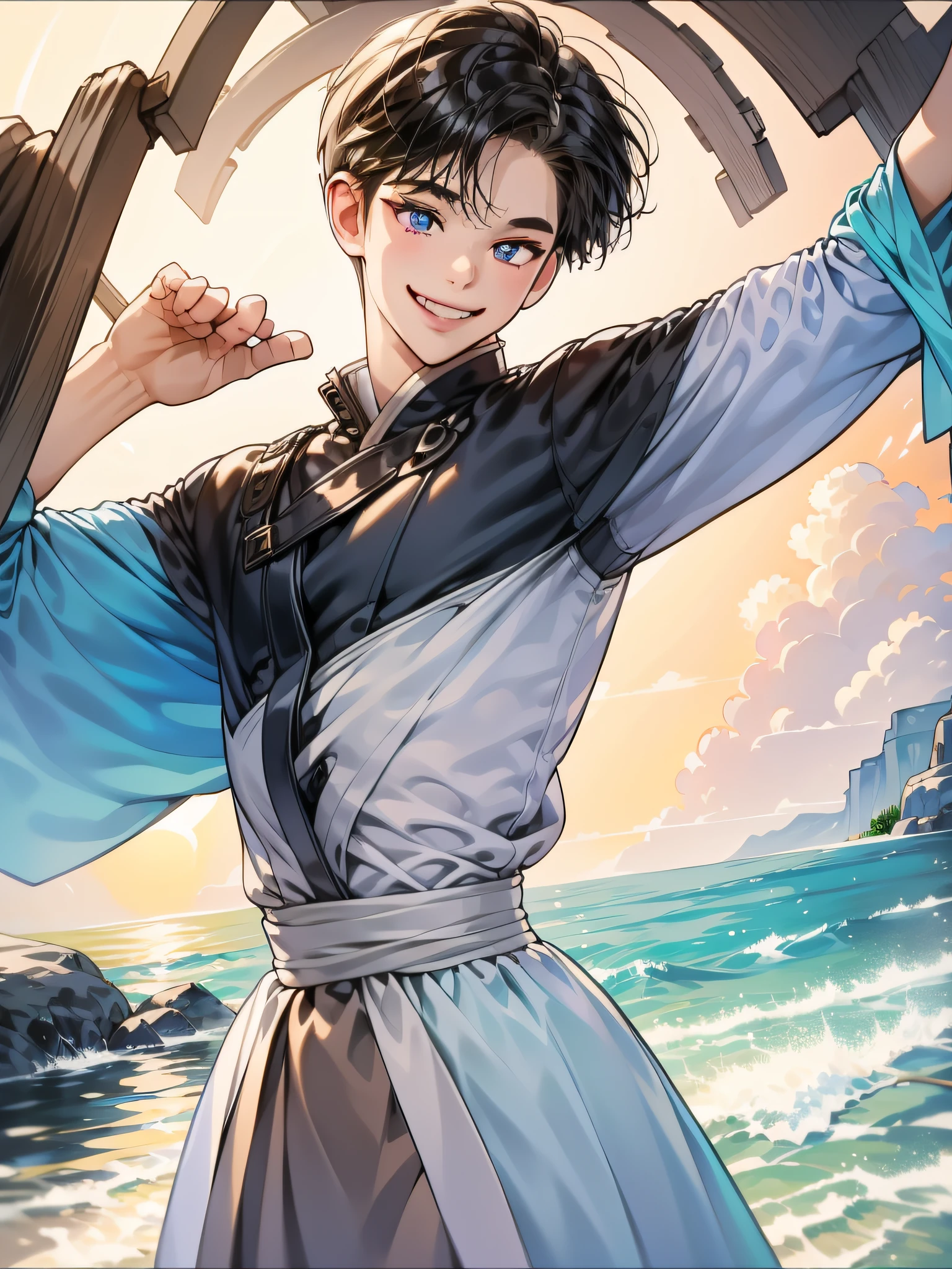 (in 8K、top-quality、masterpiece:1.2)、1人の女性、(Smiling smile:1.1)、beautidful eyes、Valley、The upper part of the body、shorth hair、Like a boy 、Quirk hair、short-cut、Blue View、