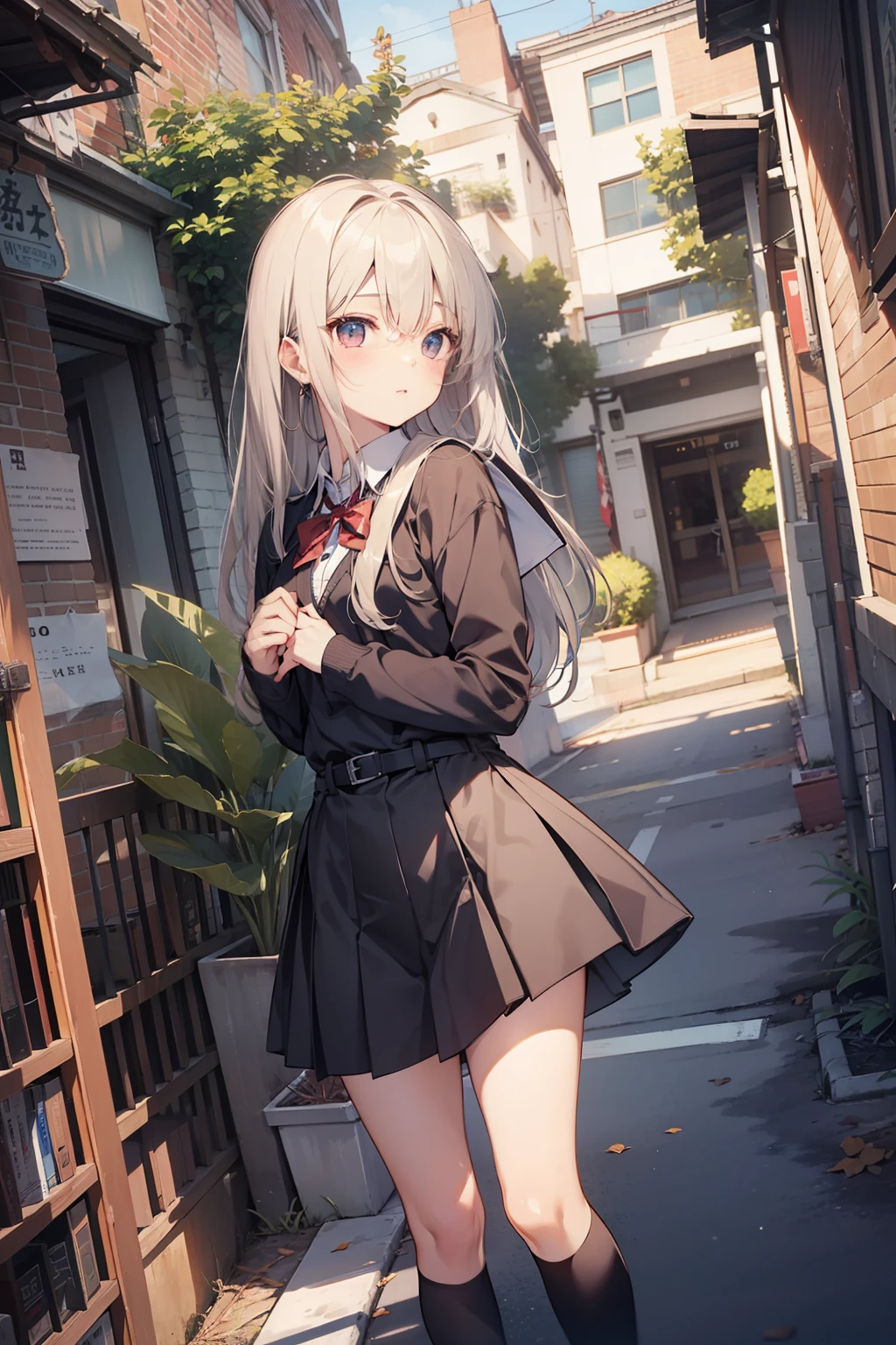 top-quality、Slender beauty、straight haired、knee high、hi-school girl、a miniskirt、Hold your crotch with your hands