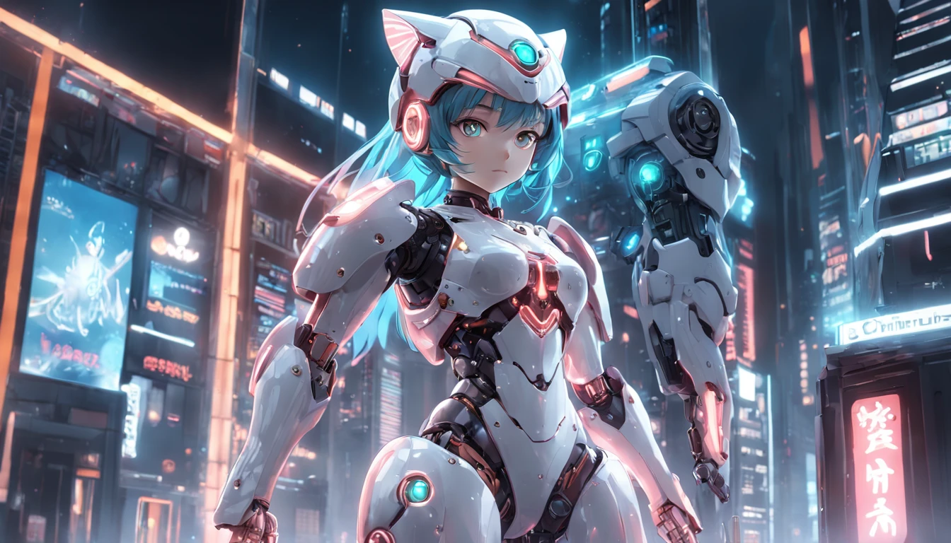 machine girl, (Full body shot) , 1 Transparent girl,Behind him is a transparent and cute robot cat, Transparent mech, Exquisite helmet:1.2, Luminous goggles:1.2, Cyberpunk, dreamy glow, luminous neon lights, Clean, White background, ( Global illumination, Ray traching, hdr, unreal render,reasonable design, high detal, Masterpiece, Best quality, hyper HD, Cinematic lighting)