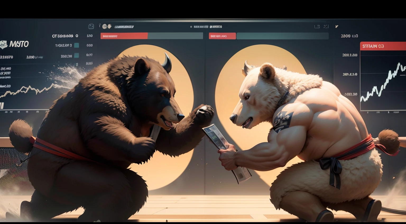 Illustration of a bear and a bull are fighting over a stock market chart, trending on markets, trading, trading stocks, MerCados, Comerciantes, hiper altista, Ursos, O melhor no Adobe Stock, touro, merCado, trending ，, Shorting, Arte de estoque, shockwaves are coming out, arte em alta, buffalo, #trending, centro, Cad, graphic, foto em alta