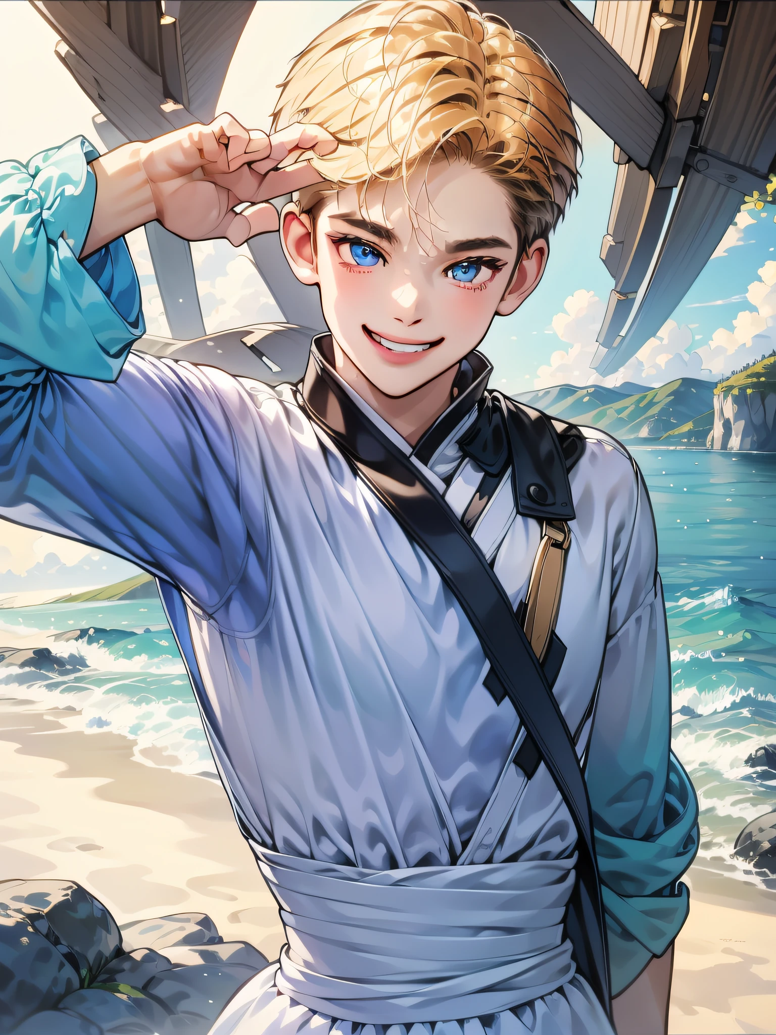 (in 8K、top-quality、masterpiece:1.2)、1人の女性、(Smiling smile:1.1)、beautidful eyes、Valley、The upper part of the body、shorth hair、Like a boy 、Quirk hair、short-cut、Blue View、