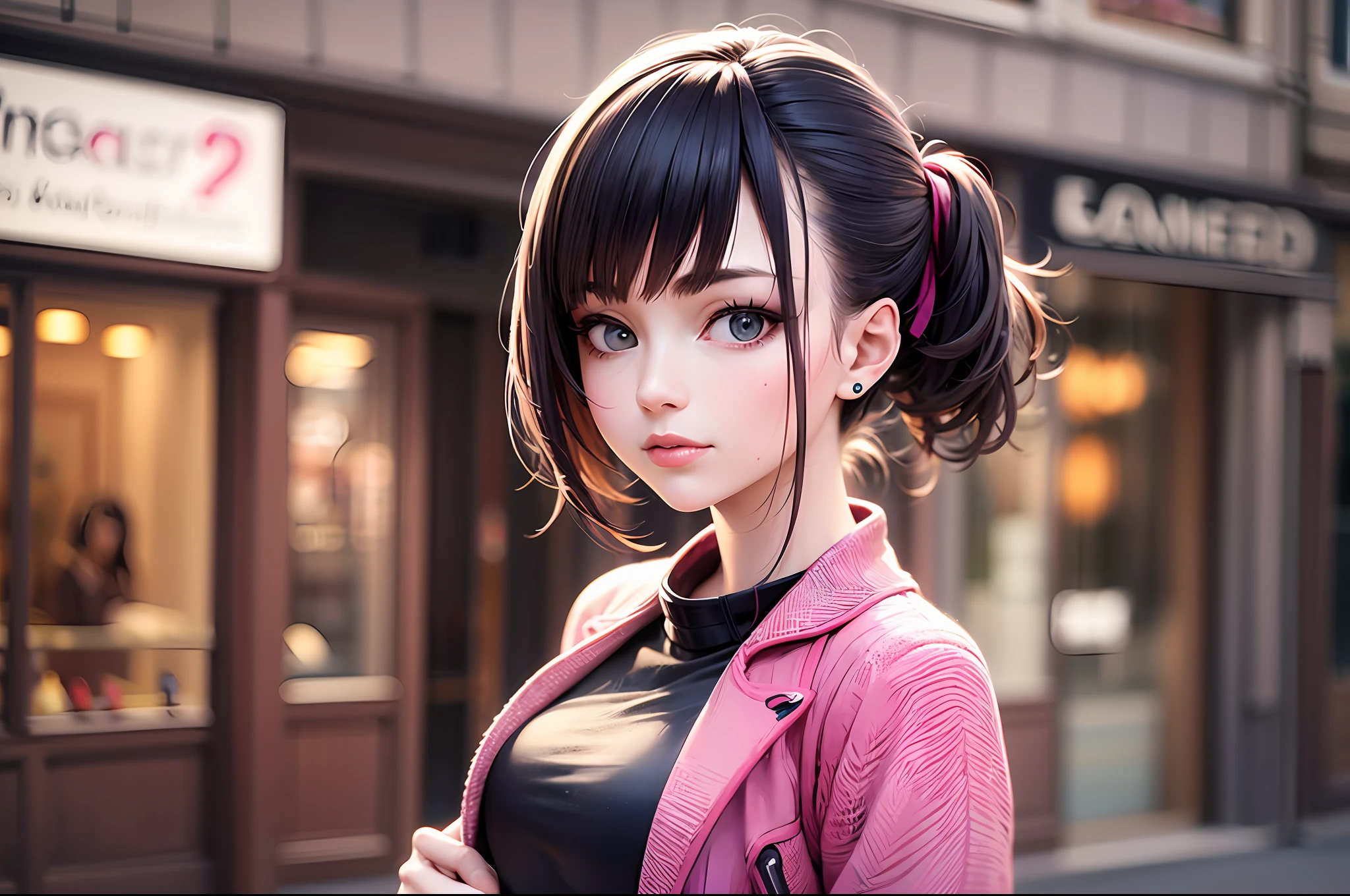 hairdresser girl wearing pink and black armor in front of a realistic beauty salon, 35mm lens, f/1.8 aperture realistic UHD --auto --s2