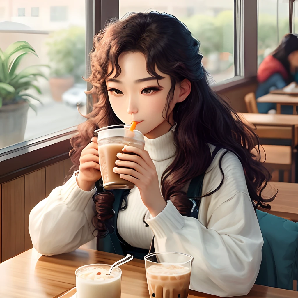 Beauty with long curly hair drinking milk tea
