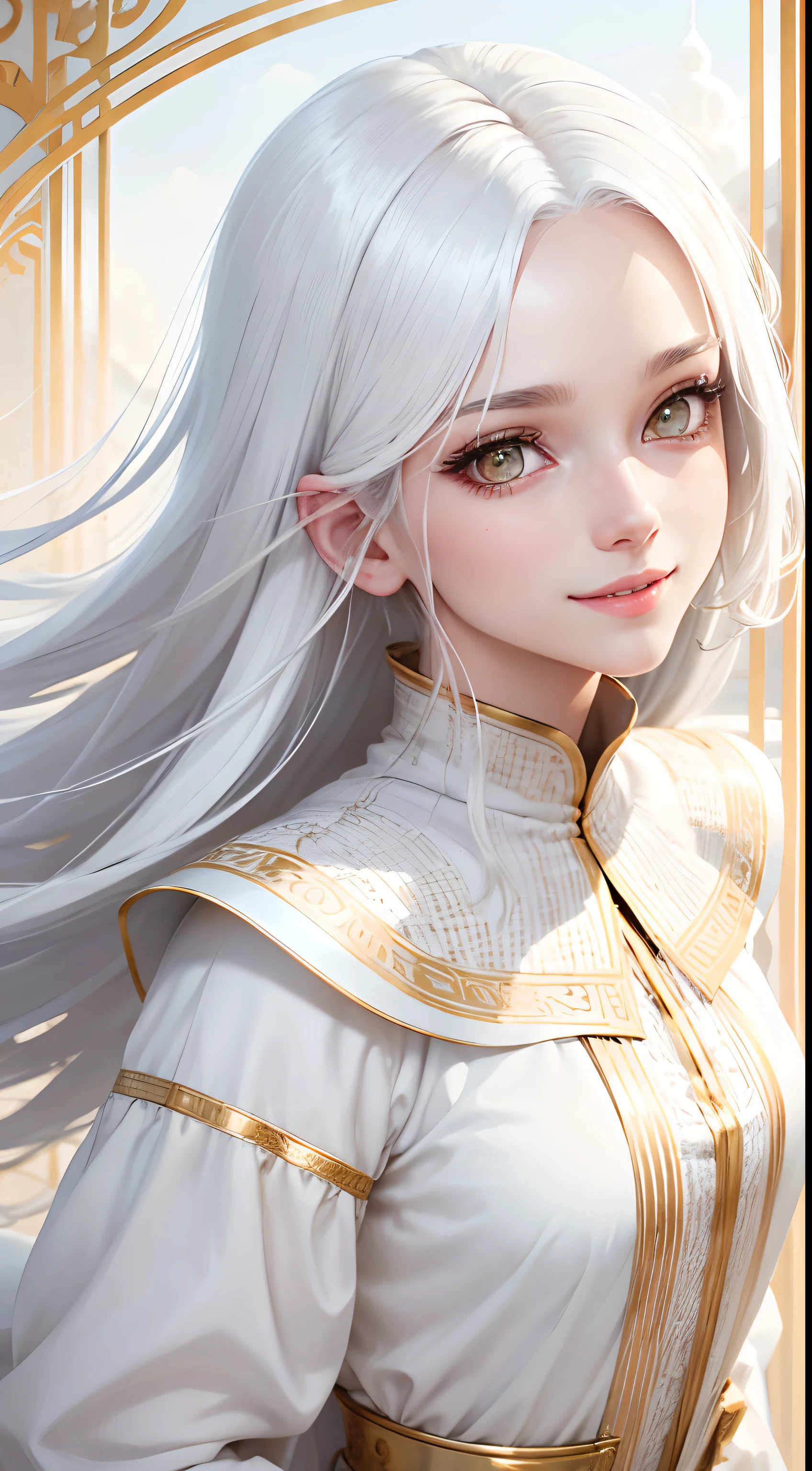 best quality, white hair, gold eyes, white clothes, looking up, upper body, hair strand, Fair skin, smiling