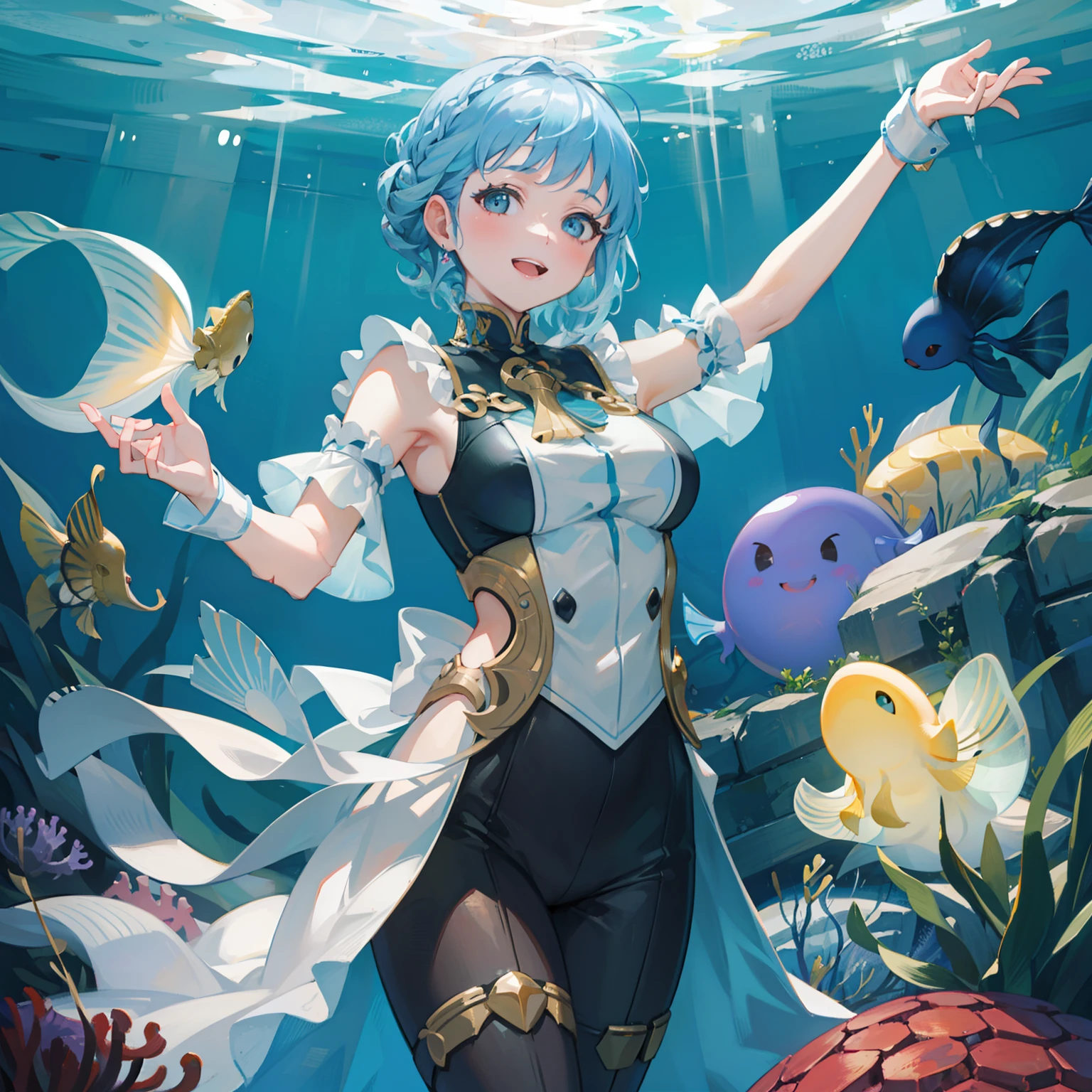 Master piece, high quality, best detail, a woman with light blue short hair, big eyes, big smile, dance under the sea, many colorful jellyfishes, many colorful fishes