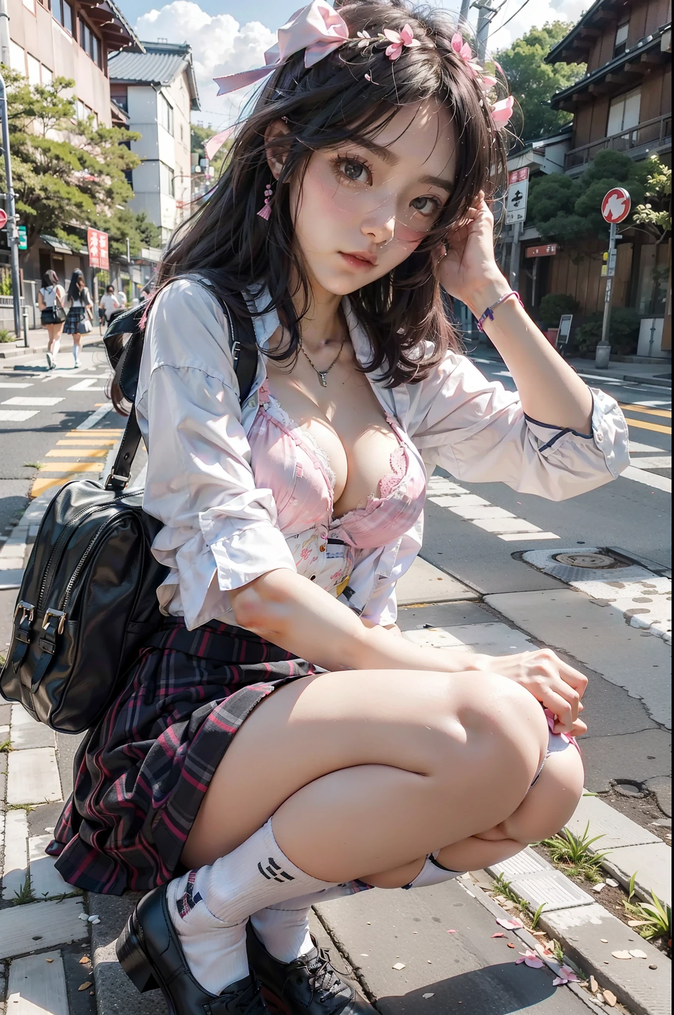 exteriors,Female student Japan Expressway,Blue plaid skirt,White calf socks,Black leather shoes,Pink bra for upper body,shyexpression,full bodyesbian