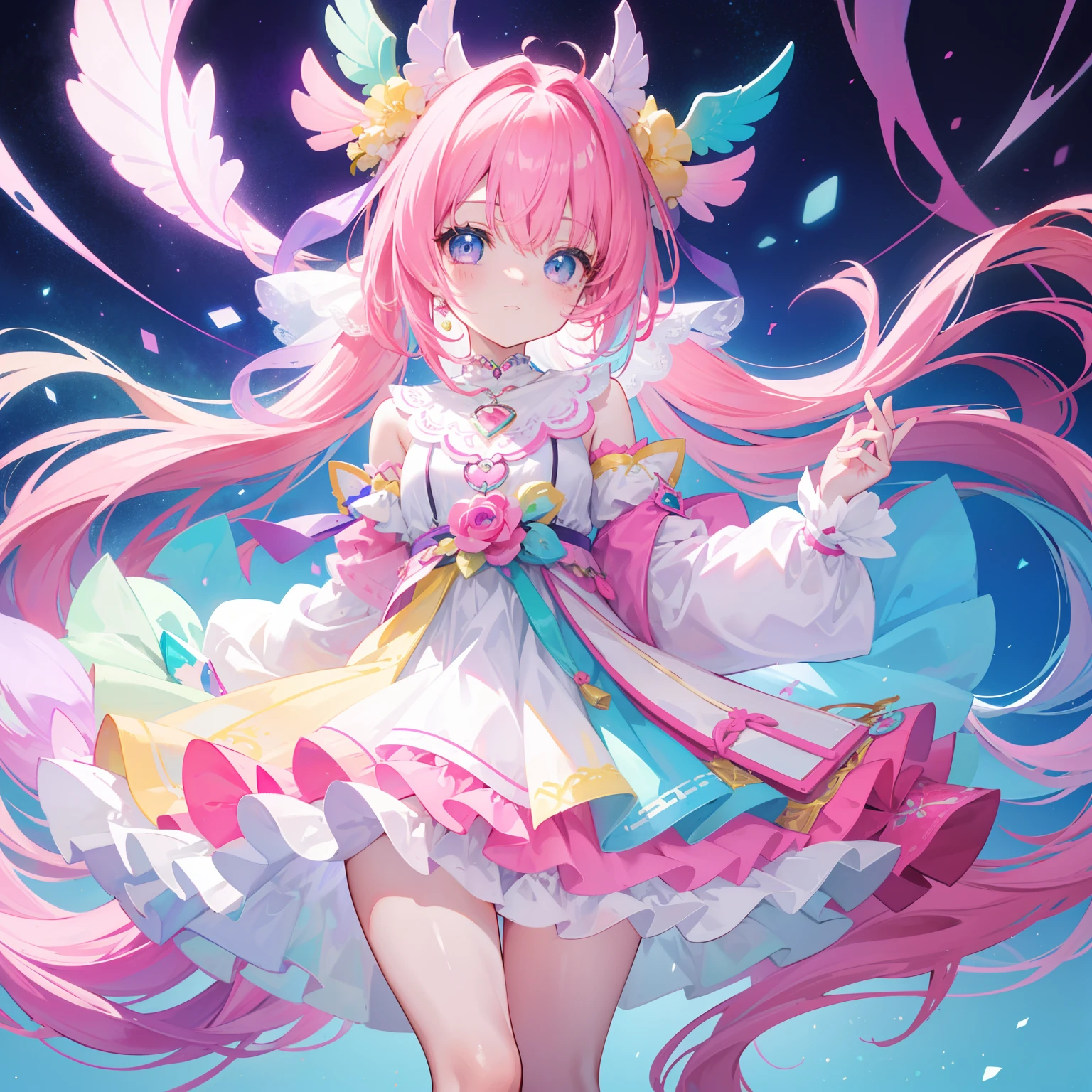 Colorful light background,long whitr hair,Has a bright pink-purple transparent gum texture,In pink、Wear it with blue and white clothes,Yellow and green ornaments with cyan accents,This is a very sweet and sweet loli girl